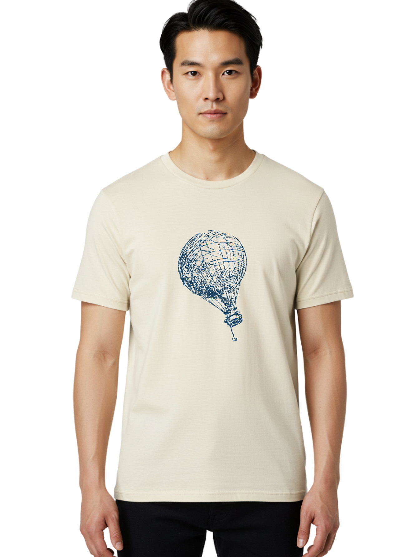 Balloon-Flying Men'S Graphic Tee, 100% Cotton, Comfortable Casual Summer Wear, Machine Washable, Hot Air Balloon, Wireframe Art, Futuristic Design, Blue Neon Lines, 3D Visualization, Abstract Art, Balloon Illustration Aae122