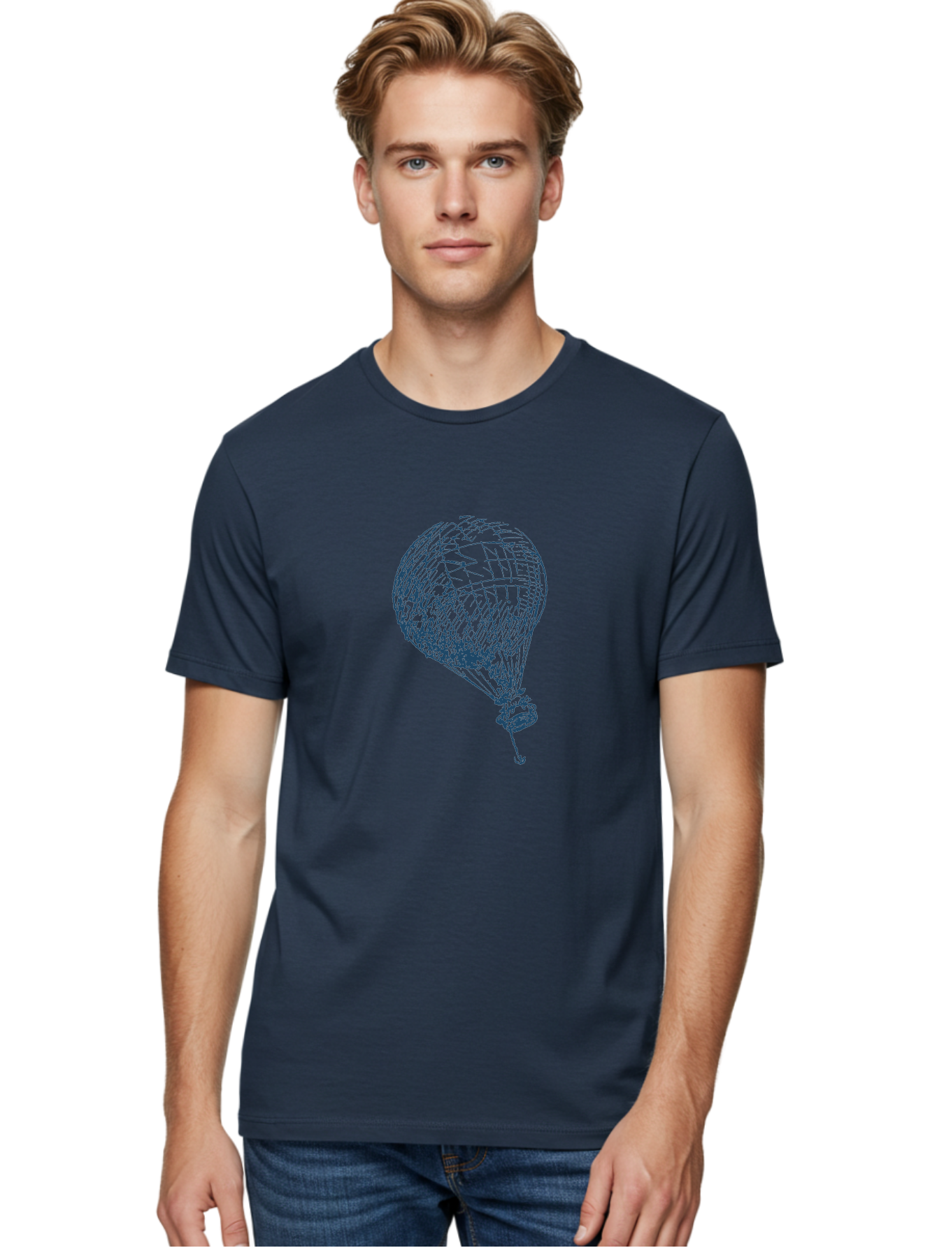 Balloon-Flying Men'S Graphic Tee, 100% Cotton, Comfortable Casual Summer Wear, Machine Washable, Hot Air Balloon, Wireframe Art, Futuristic Design, Blue Neon Lines, 3D Visualization, Abstract Art, Balloon Illustration Aae122