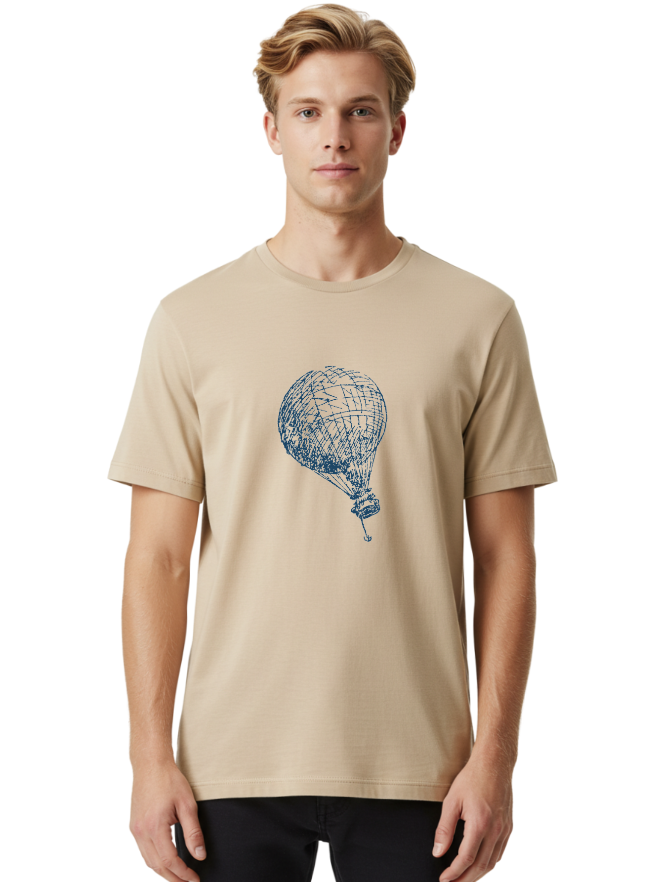 Balloon-Flying Men'S Graphic Tee, 100% Cotton, Comfortable Casual Summer Wear, Machine Washable, Hot Air Balloon, Wireframe Art, Futuristic Design, Blue Neon Lines, 3D Visualization, Abstract Art, Balloon Illustration Aae122