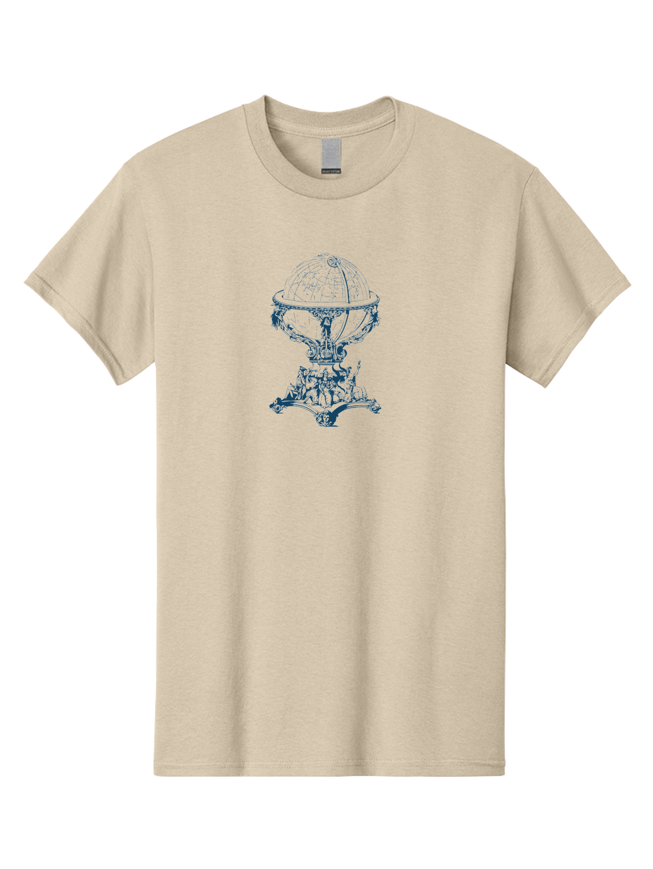 Baroque Earth Sphere Men'S Graphic Tee, 100% Cotton, Comfortable Casual Summer Wear, Machine Washable, Vintage Globe, Antique Cartography, Ornate Stand, Geographical Map, Classical Design, Intricate Details, Historical Illustration, Aae125