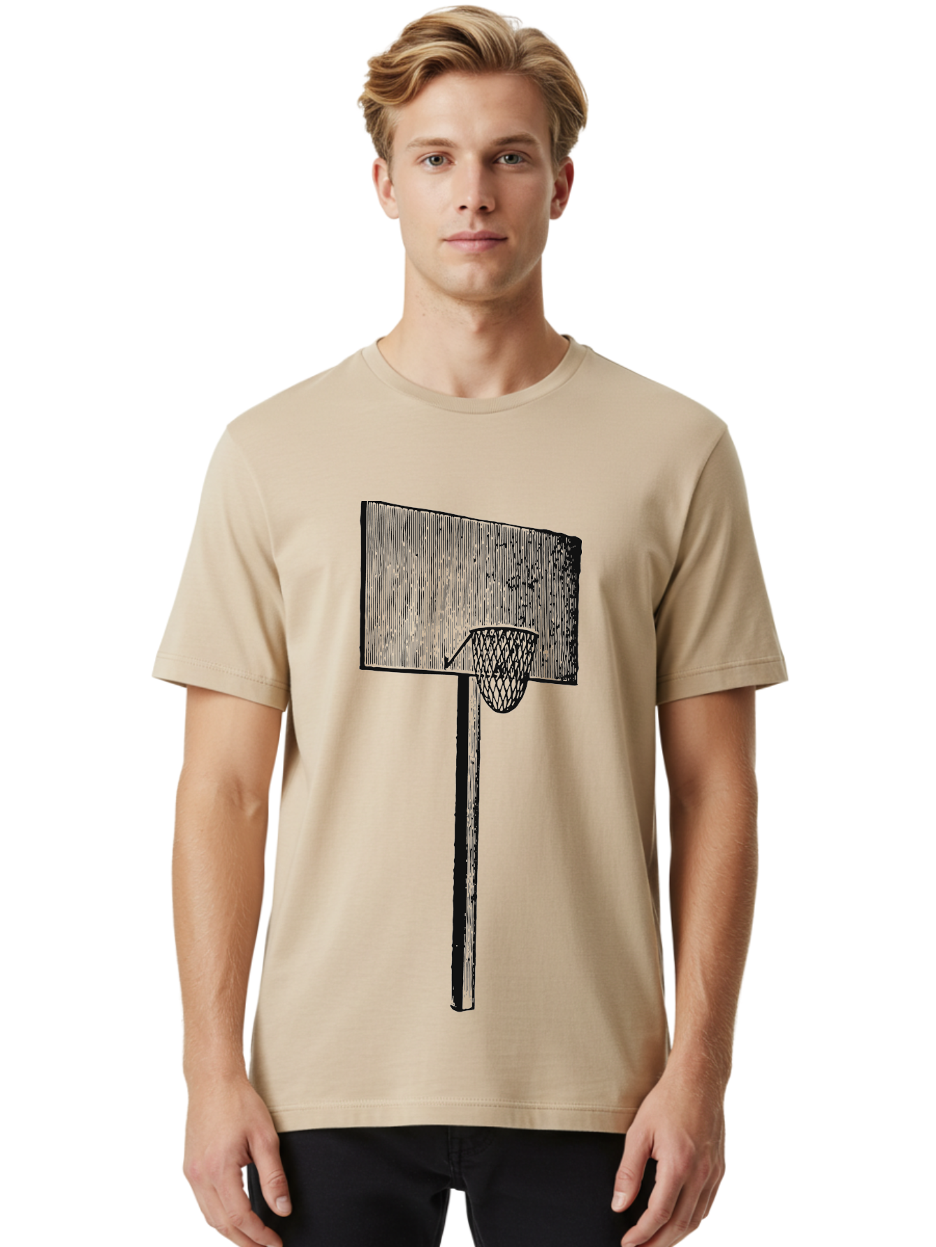 Basket Ball Roots Men'S Graphic Tee, 100% Cotton, Comfortable Casual Summer Wear, Machine Washable, Basketball Hoop, Worn Backboard, Netting, Outdoor Sports Equipment, Distressed Texture, Urban Recreation, Sports Facilities, Court Equipment, Aae127
