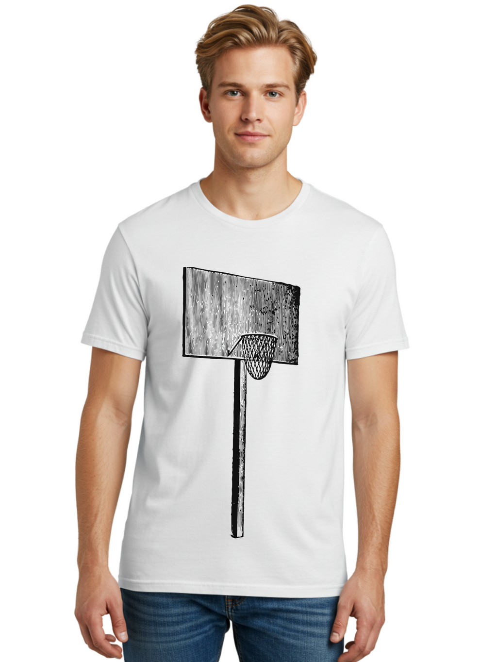 Basket Ball Roots Men'S Graphic Tee, 100% Cotton, Comfortable Casual Summer Wear, Machine Washable, Basketball Hoop, Worn Backboard, Netting, Outdoor Sports Equipment, Distressed Texture, Urban Recreation, Sports Facilities, Court Equipment, Aae127
