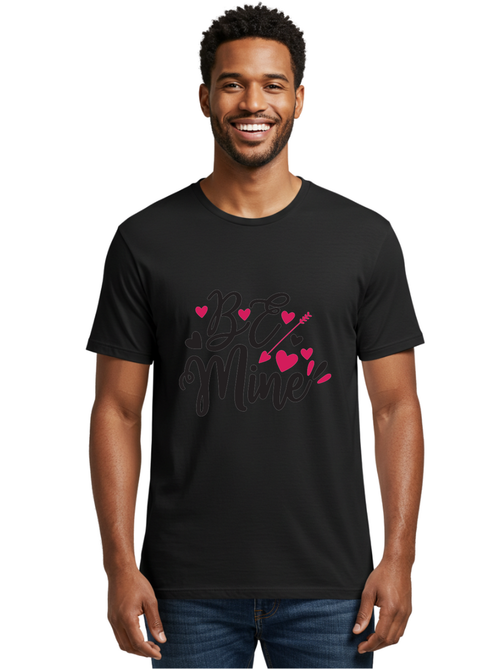 Be Mine Men'S Graphic Tee, 100% Cotton, Comfortable Casual Summer Wear, Machine Washable, Valentines Day, Love Lettering, Heart Symbols, Be Mine Phrase, Romantic Theme, Love Hearts, Arrow Through Heart, Cursive Script Aae130