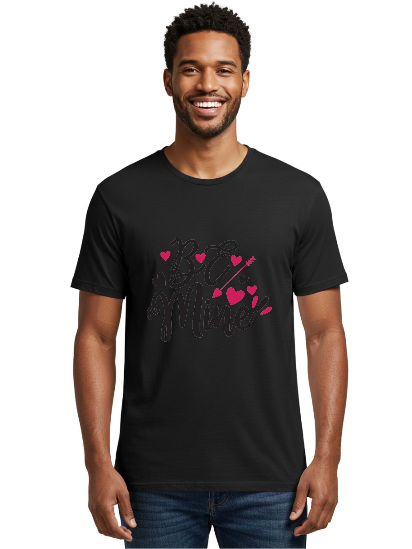 Be Mine Men'S Graphic Tee, 100% Cotton, Comfortable Casual Summer Wear, Machine Washable, Valentines Day, Love Lettering, Heart Symbols, Be Mine Phrase, Romantic Theme, Love Hearts, Arrow Through Heart, Cursive Script Aae130