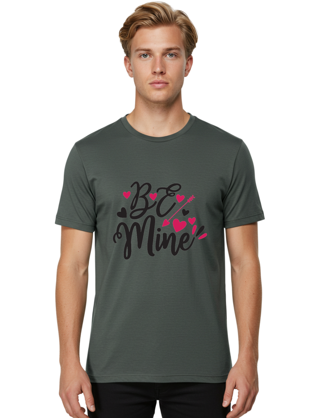 Be Mine Men'S Graphic Tee, 100% Cotton, Comfortable Casual Summer Wear, Machine Washable, Valentines Day, Love Lettering, Heart Symbols, Be Mine Phrase, Romantic Theme, Love Hearts, Arrow Through Heart, Cursive Script Aae130