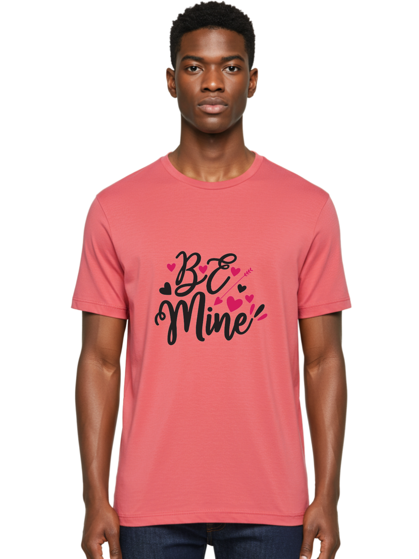 Be Mine Men'S Graphic Tee, 100% Cotton, Comfortable Casual Summer Wear, Machine Washable, Valentines Day, Love Lettering, Heart Symbols, Be Mine Phrase, Romantic Theme, Love Hearts, Arrow Through Heart, Cursive Script Aae130