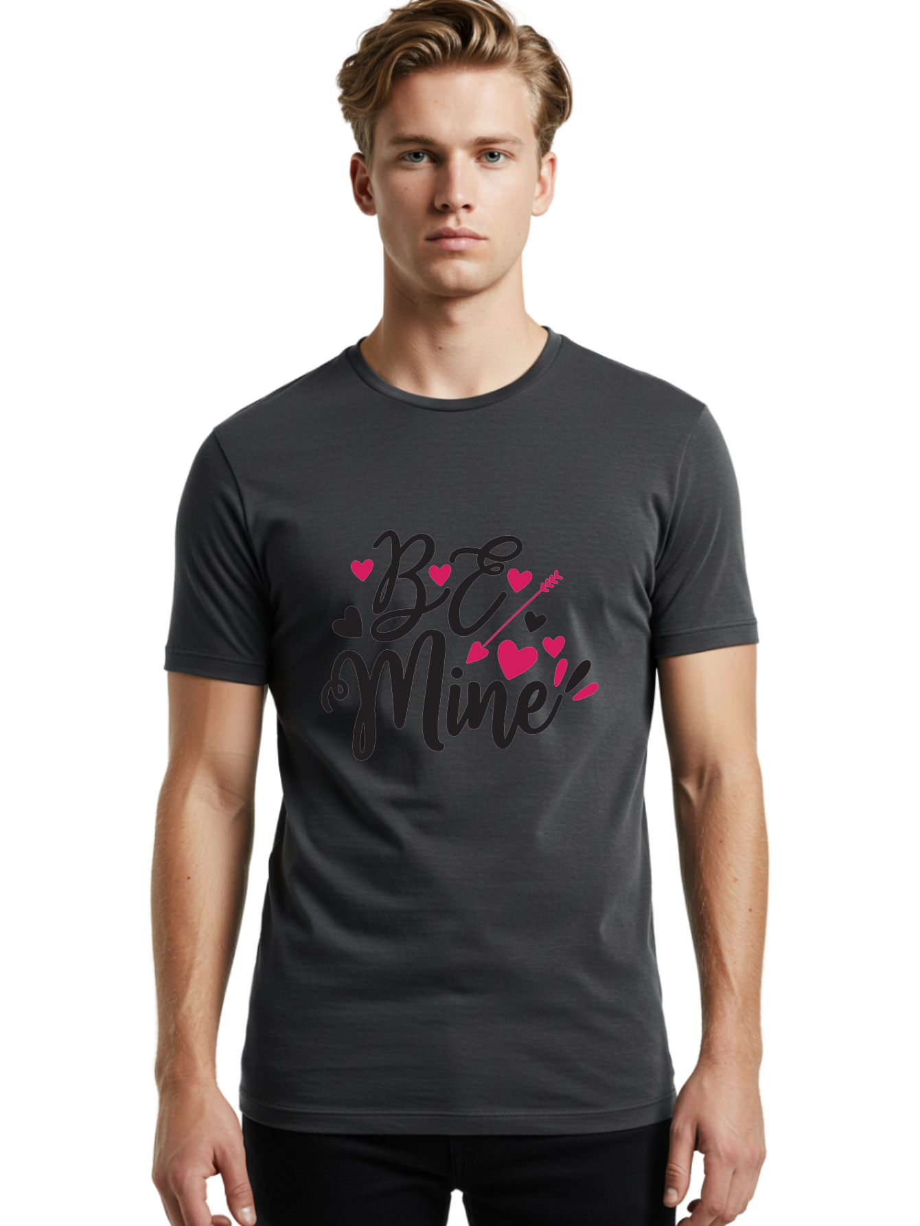 Be Mine Men'S Graphic Tee, 100% Cotton, Comfortable Casual Summer Wear, Machine Washable, Valentines Day, Love Lettering, Heart Symbols, Be Mine Phrase, Romantic Theme, Love Hearts, Arrow Through Heart, Cursive Script Aae130