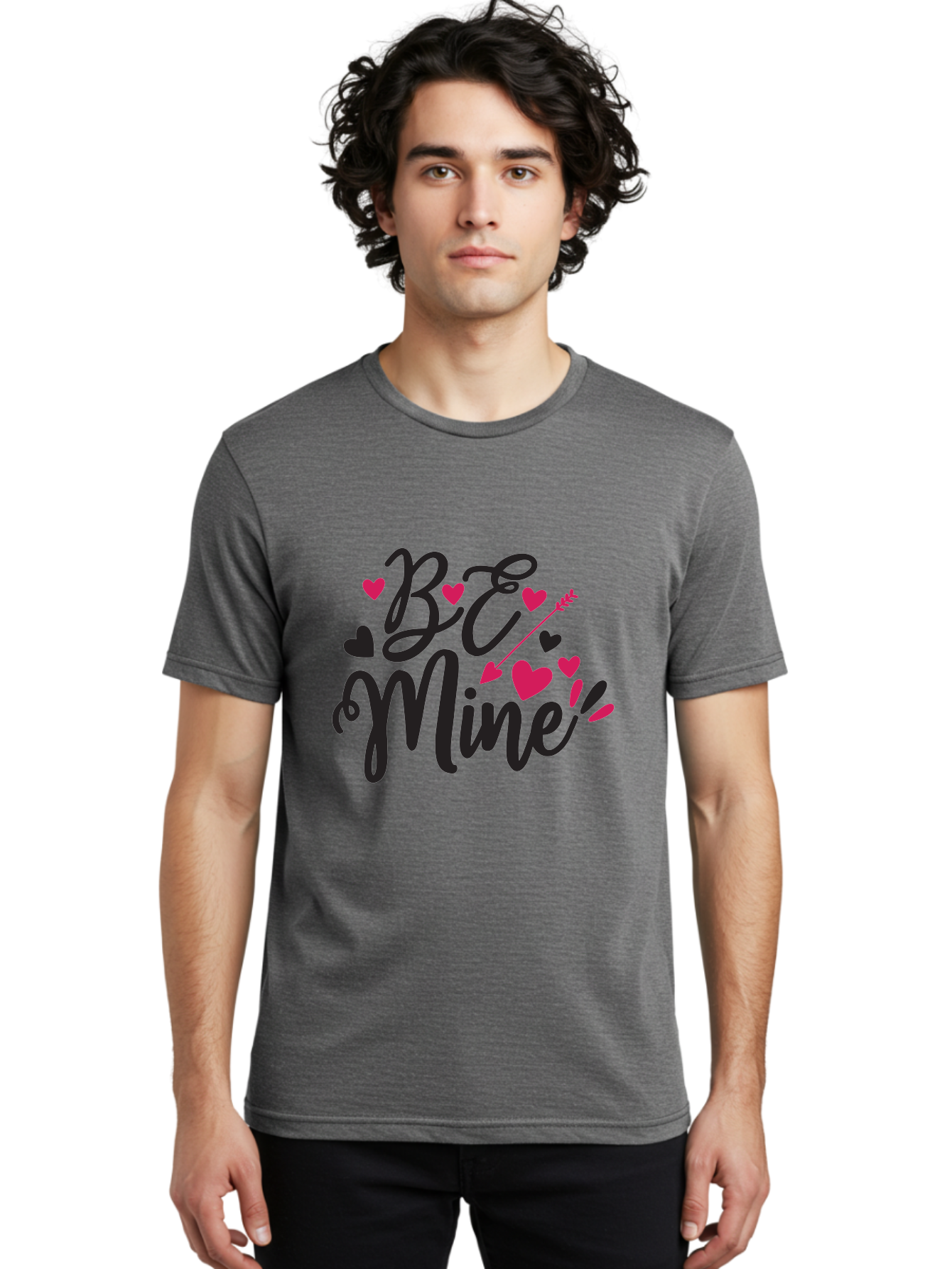 Be Mine Men'S Graphic Tee, 100% Cotton, Comfortable Casual Summer Wear, Machine Washable, Valentines Day, Love Lettering, Heart Symbols, Be Mine Phrase, Romantic Theme, Love Hearts, Arrow Through Heart, Cursive Script Aae130