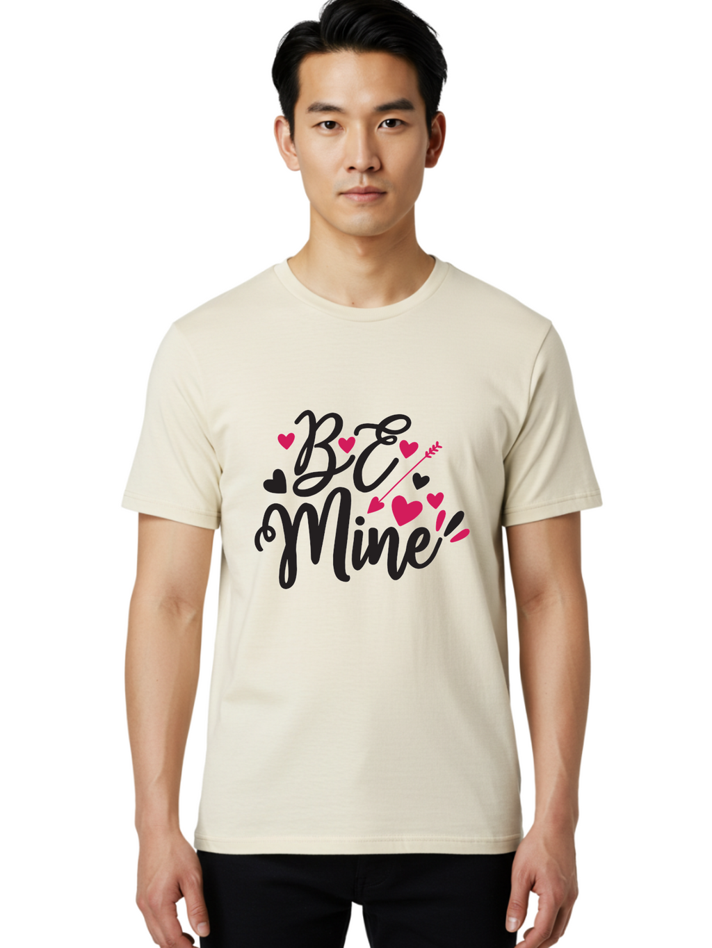 Be Mine Men'S Graphic Tee, 100% Cotton, Comfortable Casual Summer Wear, Machine Washable, Valentines Day, Love Lettering, Heart Symbols, Be Mine Phrase, Romantic Theme, Love Hearts, Arrow Through Heart, Cursive Script Aae130