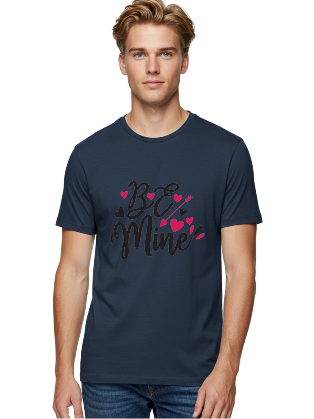 Be Mine Men'S Graphic Tee, 100% Cotton, Comfortable Casual Summer Wear, Machine Washable, Valentines Day, Love Lettering, Heart Symbols, Be Mine Phrase, Romantic Theme, Love Hearts, Arrow Through Heart, Cursive Script Aae130