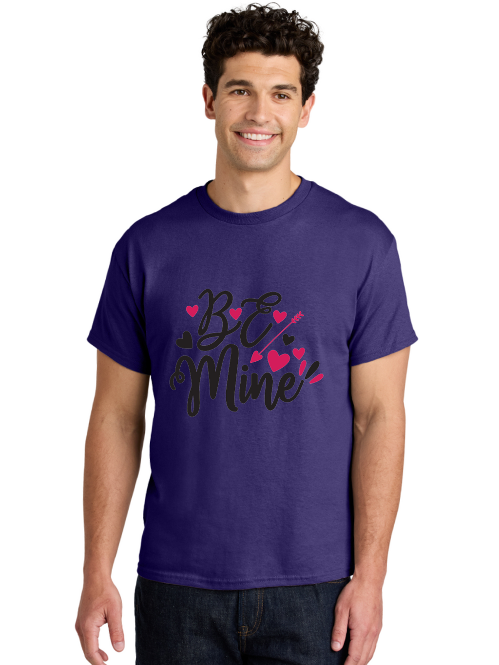 Be Mine Men'S Graphic Tee, 100% Cotton, Comfortable Casual Summer Wear, Machine Washable, Valentines Day, Love Lettering, Heart Symbols, Be Mine Phrase, Romantic Theme, Love Hearts, Arrow Through Heart, Cursive Script Aae130