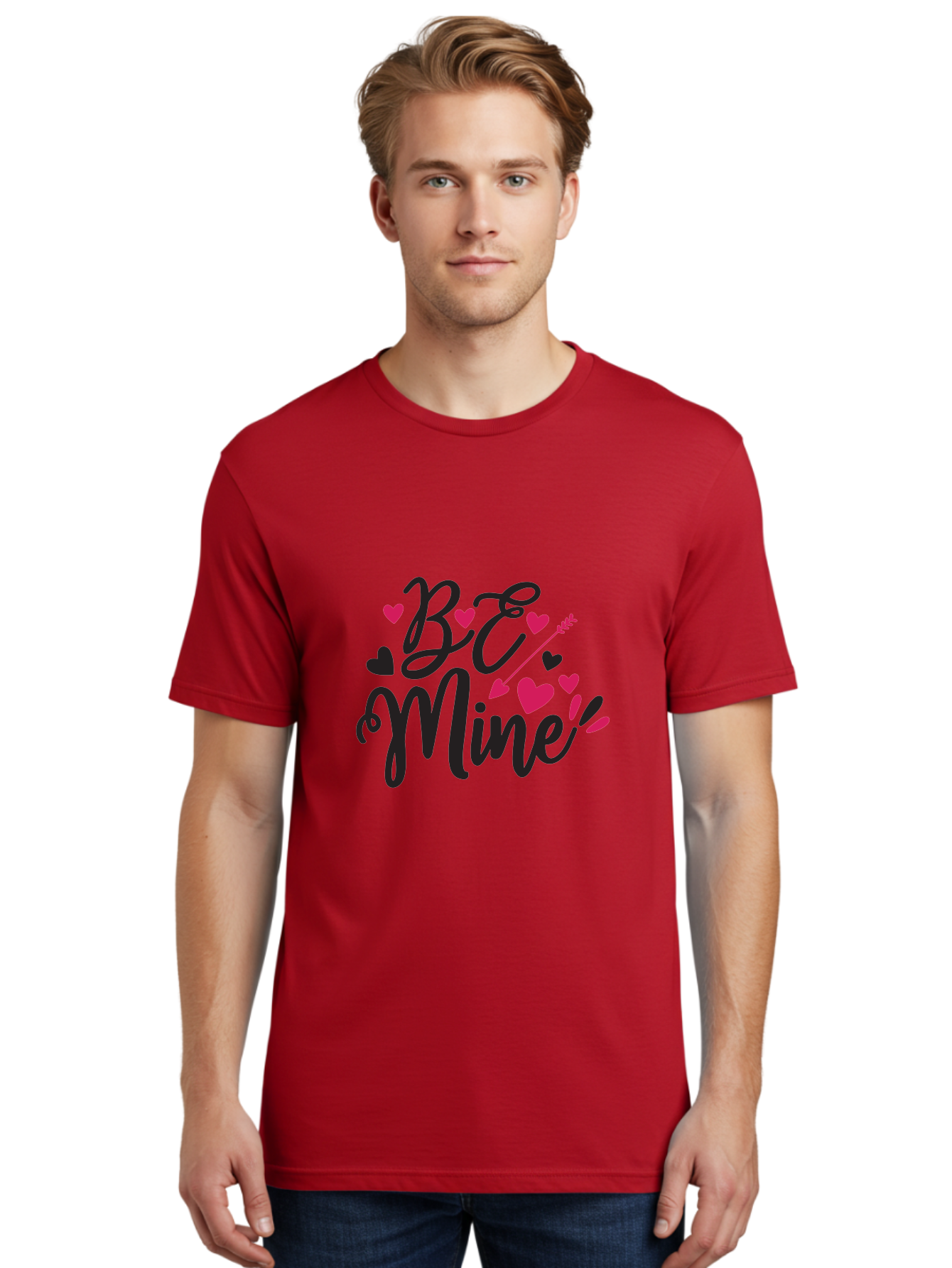 Be Mine Men'S Graphic Tee, 100% Cotton, Comfortable Casual Summer Wear, Machine Washable, Valentines Day, Love Lettering, Heart Symbols, Be Mine Phrase, Romantic Theme, Love Hearts, Arrow Through Heart, Cursive Script Aae130