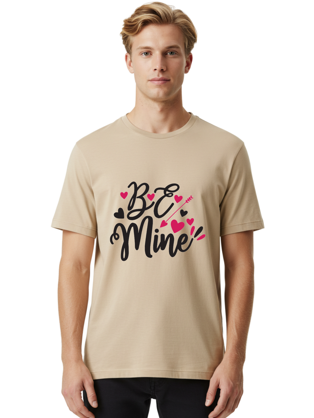 Be Mine Men'S Graphic Tee, 100% Cotton, Comfortable Casual Summer Wear, Machine Washable, Valentines Day, Love Lettering, Heart Symbols, Be Mine Phrase, Romantic Theme, Love Hearts, Arrow Through Heart, Cursive Script Aae130