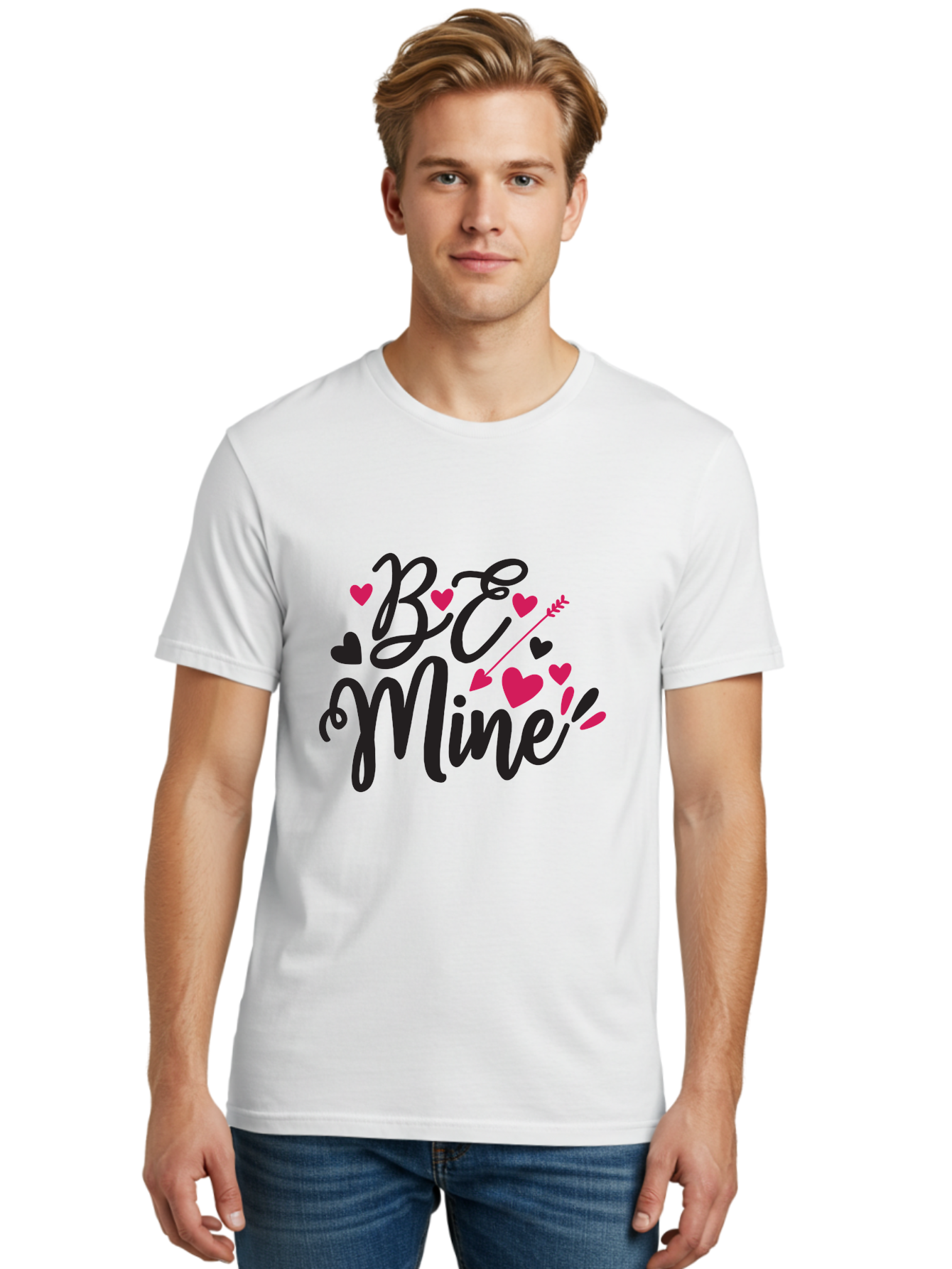 Be Mine Men'S Graphic Tee, 100% Cotton, Comfortable Casual Summer Wear, Machine Washable, Valentines Day, Love Lettering, Heart Symbols, Be Mine Phrase, Romantic Theme, Love Hearts, Arrow Through Heart, Cursive Script Aae130