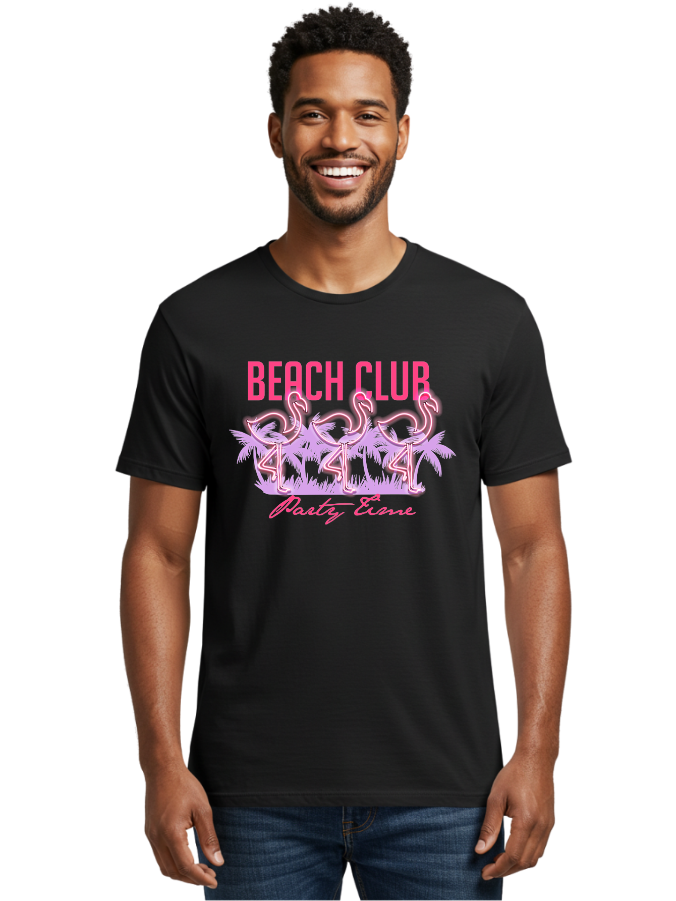 Beach Club Men'S Graphic Tee, 100% Cotton, Comfortable Casual Summer Wear, Machine Washable, Beach Club, Flamingo Design, Tropical Vibes, Neon Pink, Stylish Graphics, Luxury Lifestyle, Party Trends Aae132