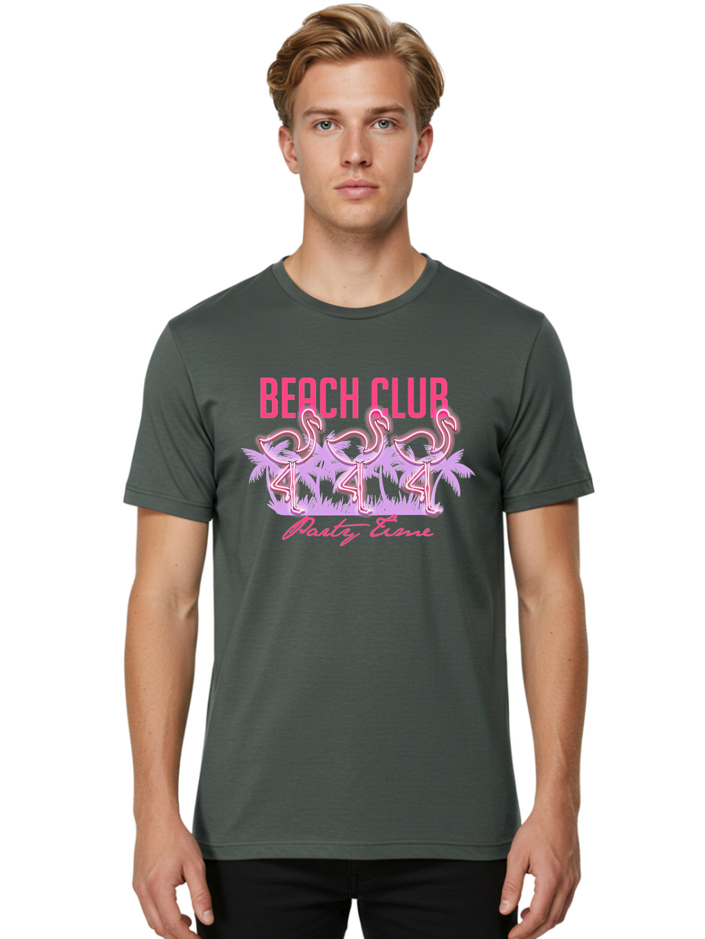Beach Club Men'S Graphic Tee, 100% Cotton, Comfortable Casual Summer Wear, Machine Washable, Beach Club, Flamingo Design, Tropical Vibes, Neon Pink, Stylish Graphics, Luxury Lifestyle, Party Trends Aae132