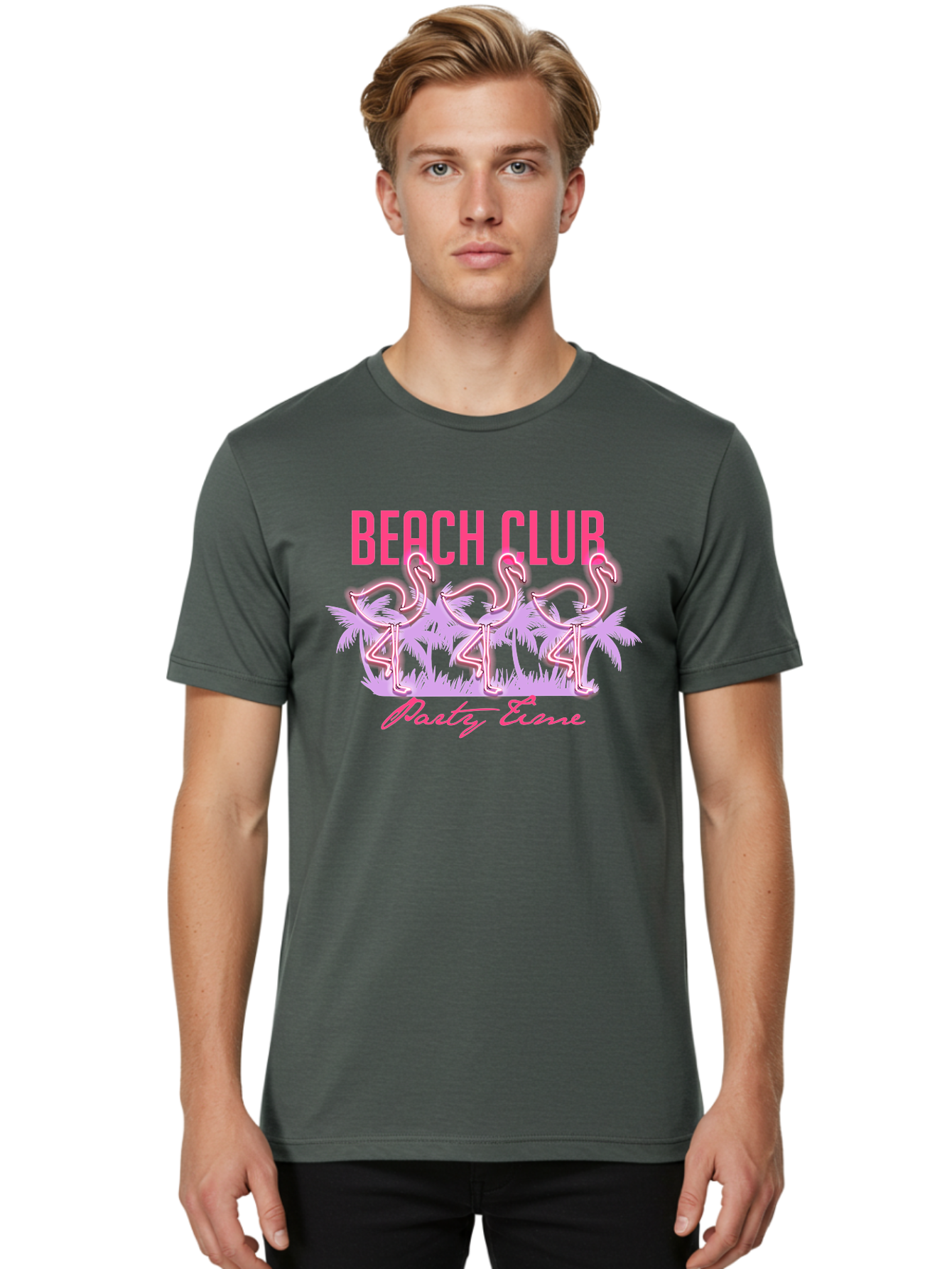 Beach Club Men'S Graphic Tee, 100% Cotton, Comfortable Casual Summer Wear, Machine Washable, Beach Club, Flamingo Design, Tropical Vibes, Neon Pink, Stylish Graphics, Luxury Lifestyle, Party Trends Aae132