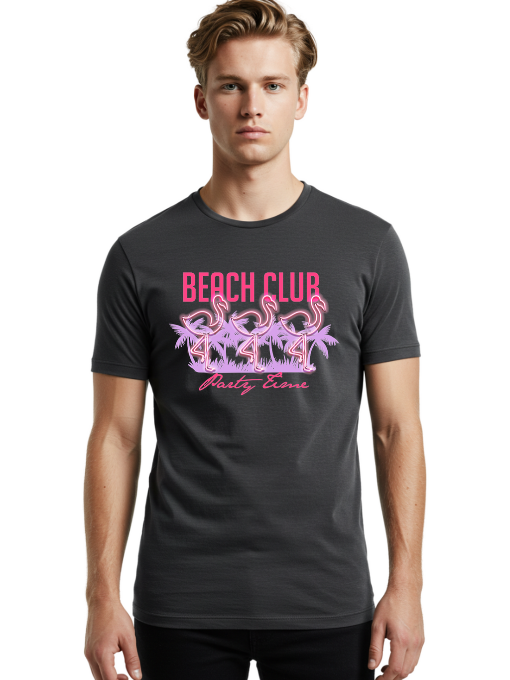 Beach Club Men'S Graphic Tee, 100% Cotton, Comfortable Casual Summer Wear, Machine Washable, Beach Club, Flamingo Design, Tropical Vibes, Neon Pink, Stylish Graphics, Luxury Lifestyle, Party Trends Aae132