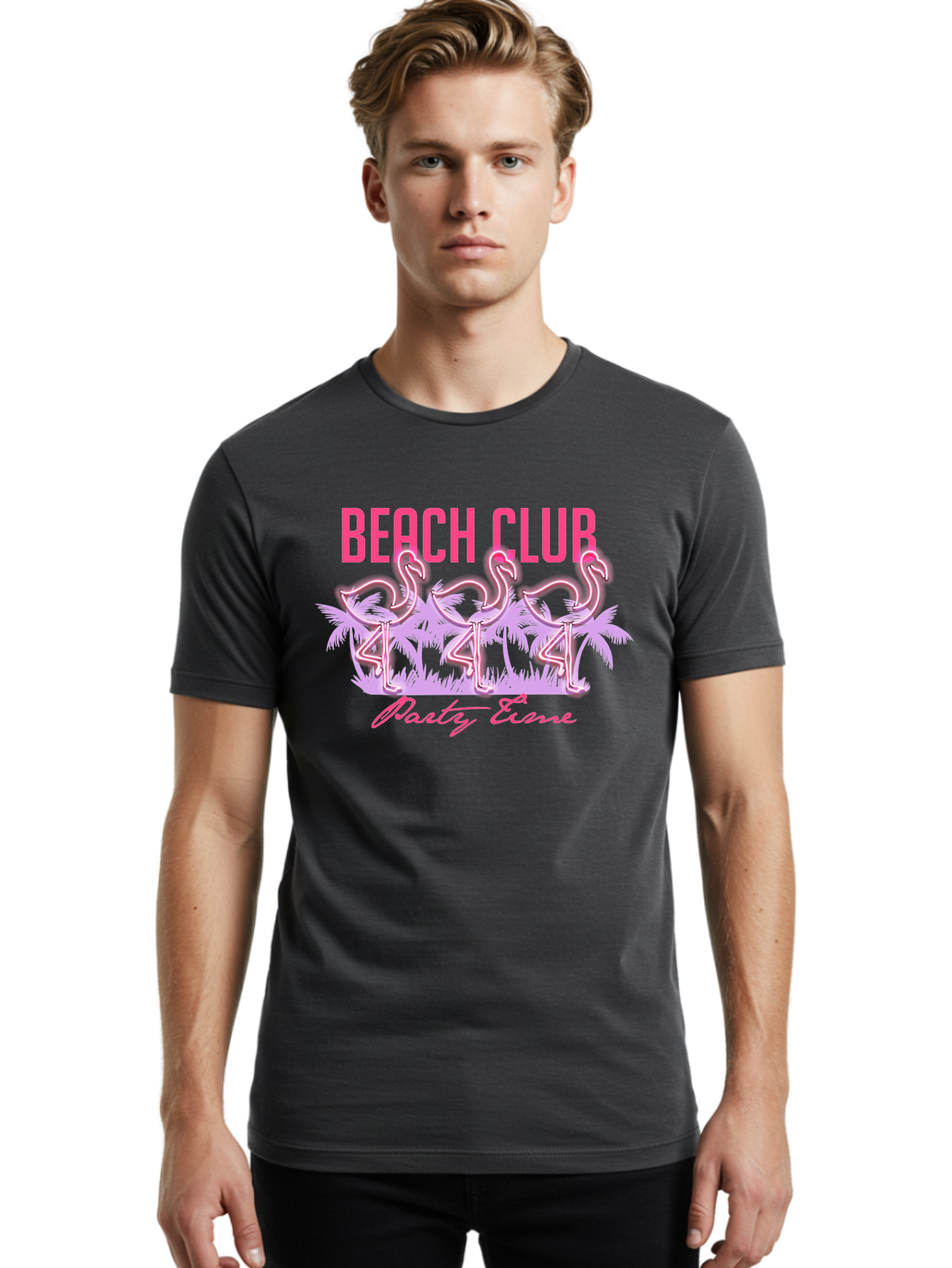 Beach Club Men'S Graphic Tee, 100% Cotton, Comfortable Casual Summer Wear, Machine Washable, Beach Club, Flamingo Design, Tropical Vibes, Neon Pink, Stylish Graphics, Luxury Lifestyle, Party Trends Aae132