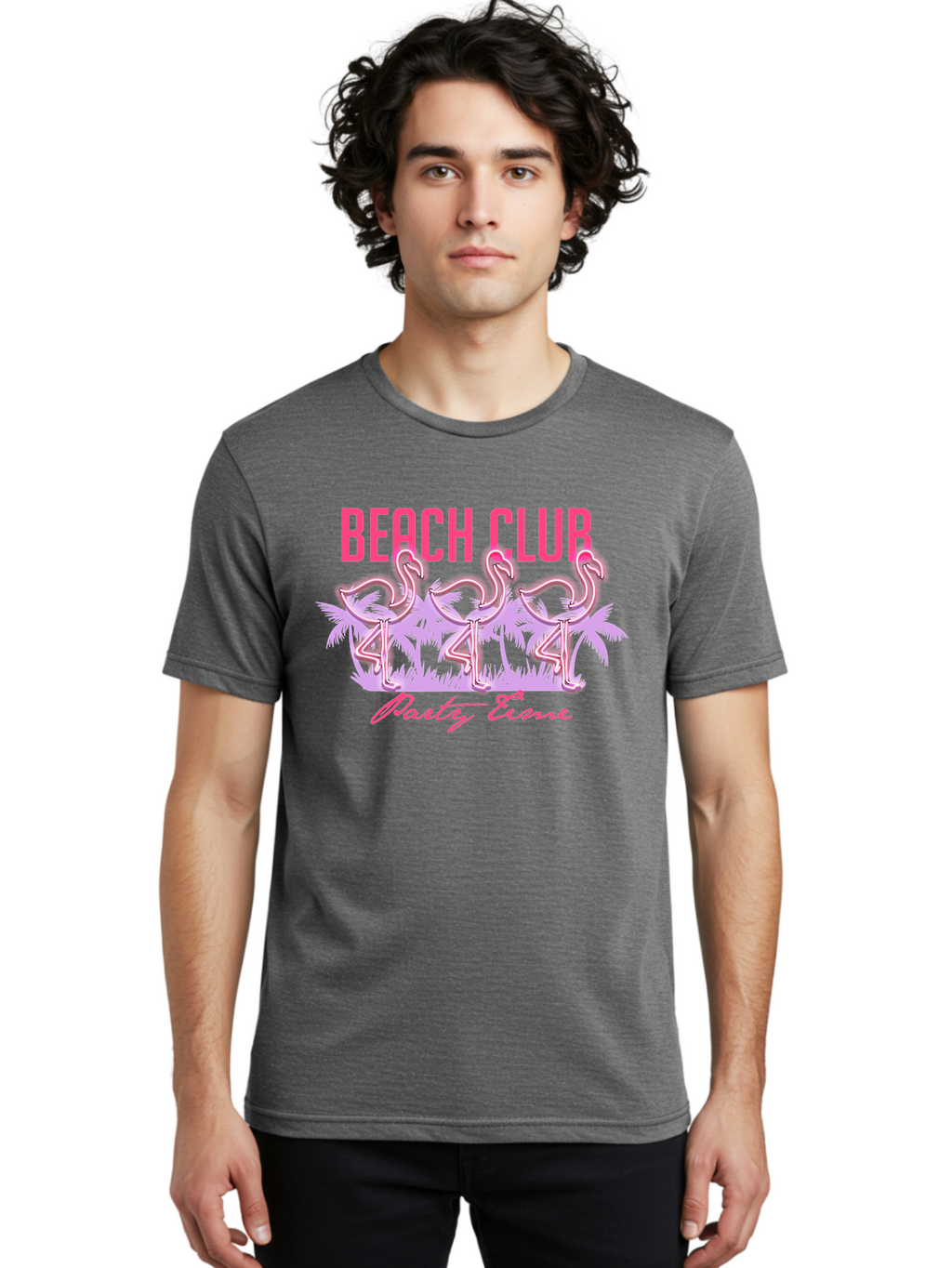 Beach Club Men'S Graphic Tee, 100% Cotton, Comfortable Casual Summer Wear, Machine Washable, Beach Club, Flamingo Design, Tropical Vibes, Neon Pink, Stylish Graphics, Luxury Lifestyle, Party Trends Aae132