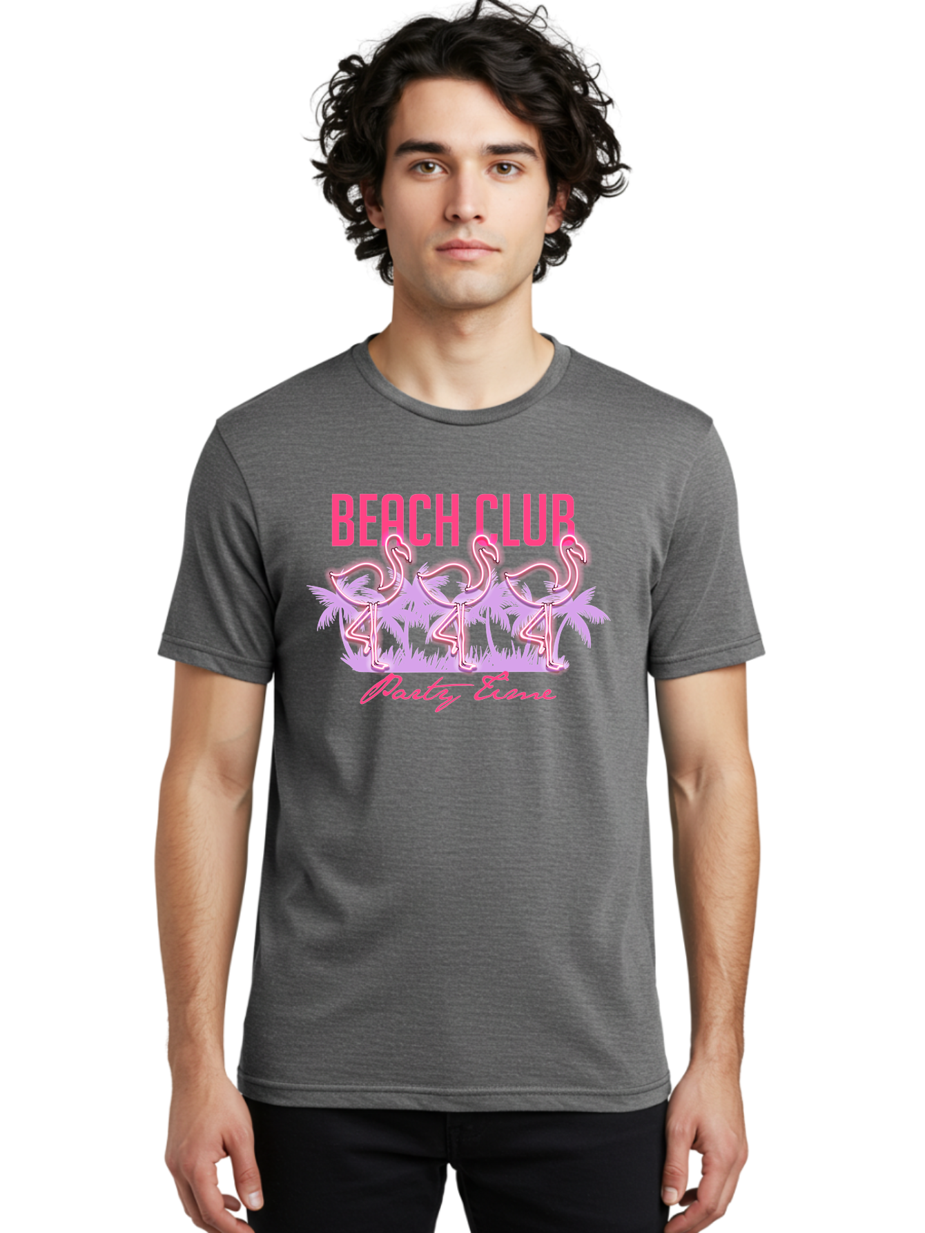 Beach Club Men'S Graphic Tee, 100% Cotton, Comfortable Casual Summer Wear, Machine Washable, Beach Club, Flamingo Design, Tropical Vibes, Neon Pink, Stylish Graphics, Luxury Lifestyle, Party Trends Aae132