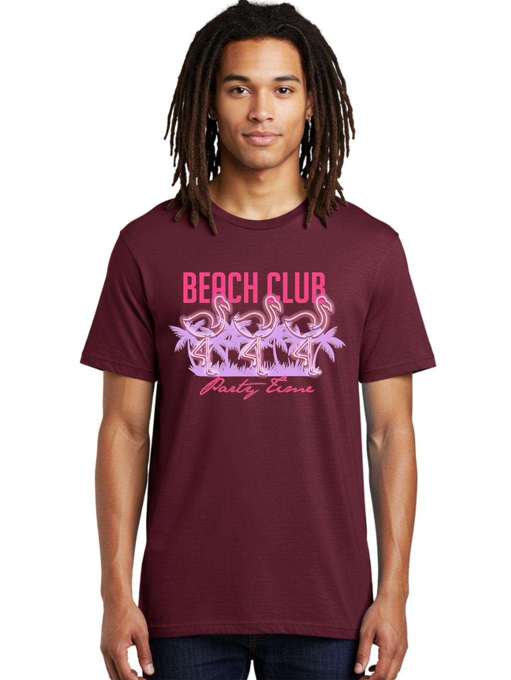 Beach Club Men'S Graphic Tee, 100% Cotton, Comfortable Casual Summer Wear, Machine Washable, Beach Club, Flamingo Design, Tropical Vibes, Neon Pink, Stylish Graphics, Luxury Lifestyle, Party Trends Aae132