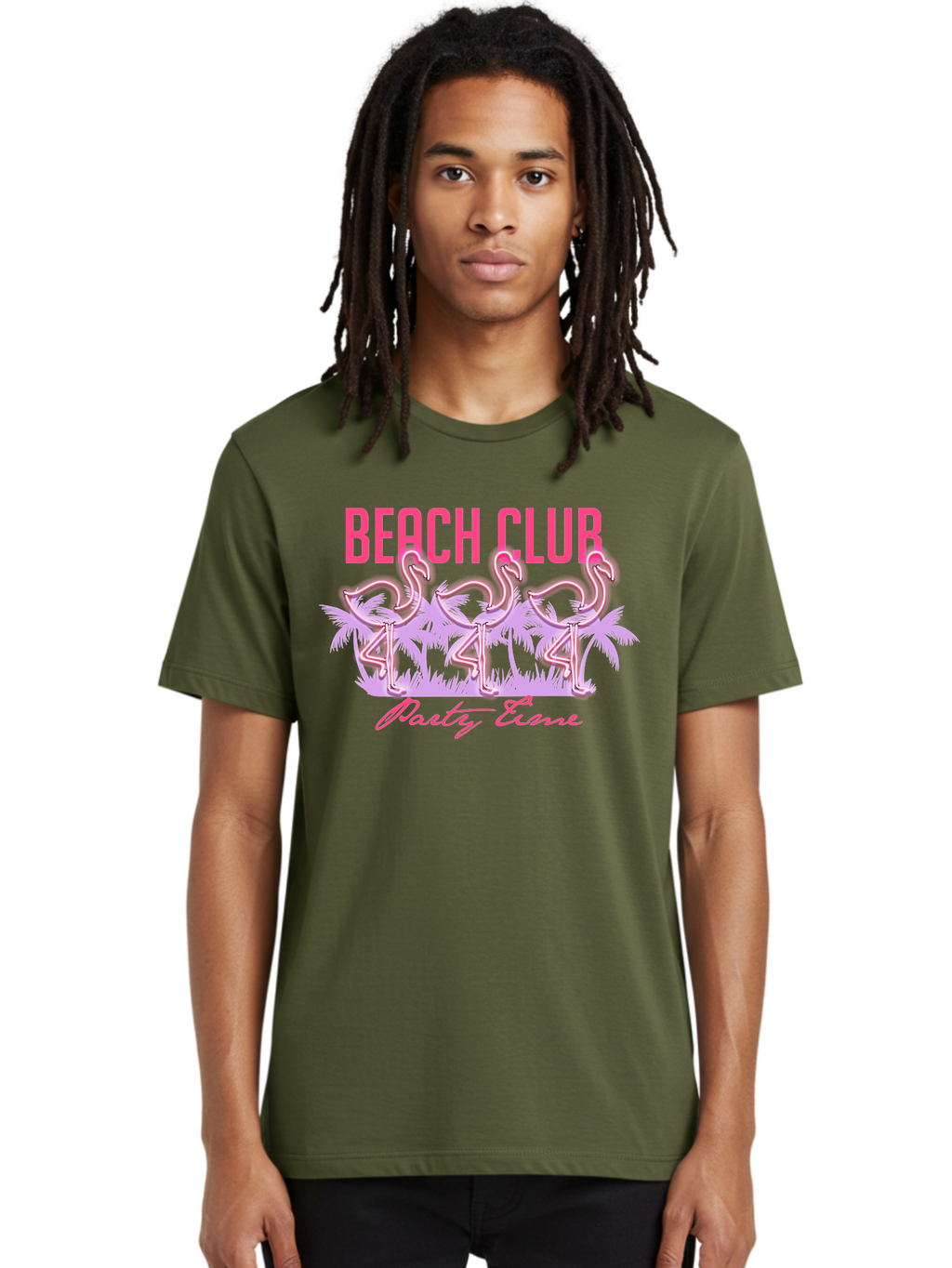 Beach Club Men'S Graphic Tee, 100% Cotton, Comfortable Casual Summer Wear, Machine Washable, Beach Club, Flamingo Design, Tropical Vibes, Neon Pink, Stylish Graphics, Luxury Lifestyle, Party Trends Aae132