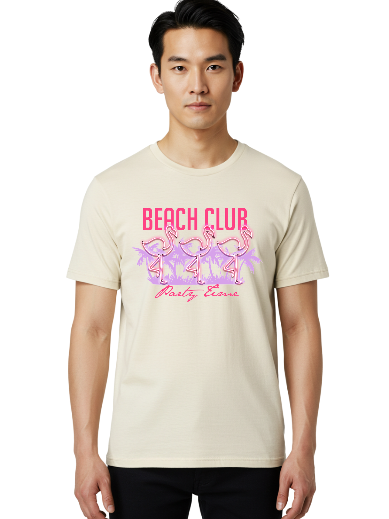 Beach Club Men'S Graphic Tee, 100% Cotton, Comfortable Casual Summer Wear, Machine Washable, Beach Club, Flamingo Design, Tropical Vibes, Neon Pink, Stylish Graphics, Luxury Lifestyle, Party Trends Aae132
