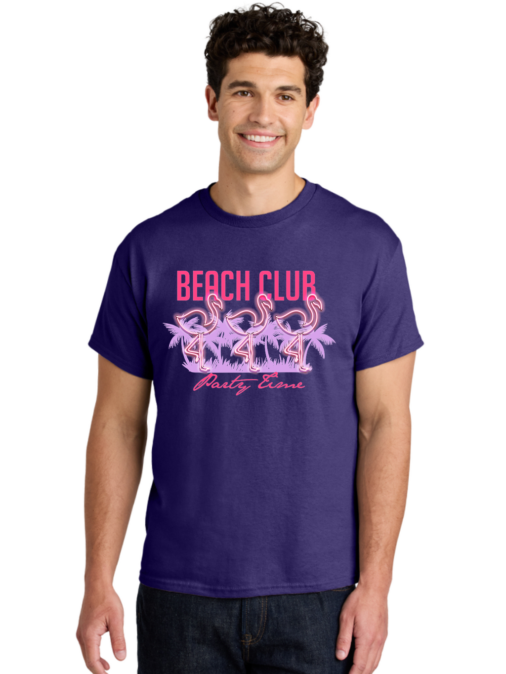 Beach Club Men'S Graphic Tee, 100% Cotton, Comfortable Casual Summer Wear, Machine Washable, Beach Club, Flamingo Design, Tropical Vibes, Neon Pink, Stylish Graphics, Luxury Lifestyle, Party Trends Aae132