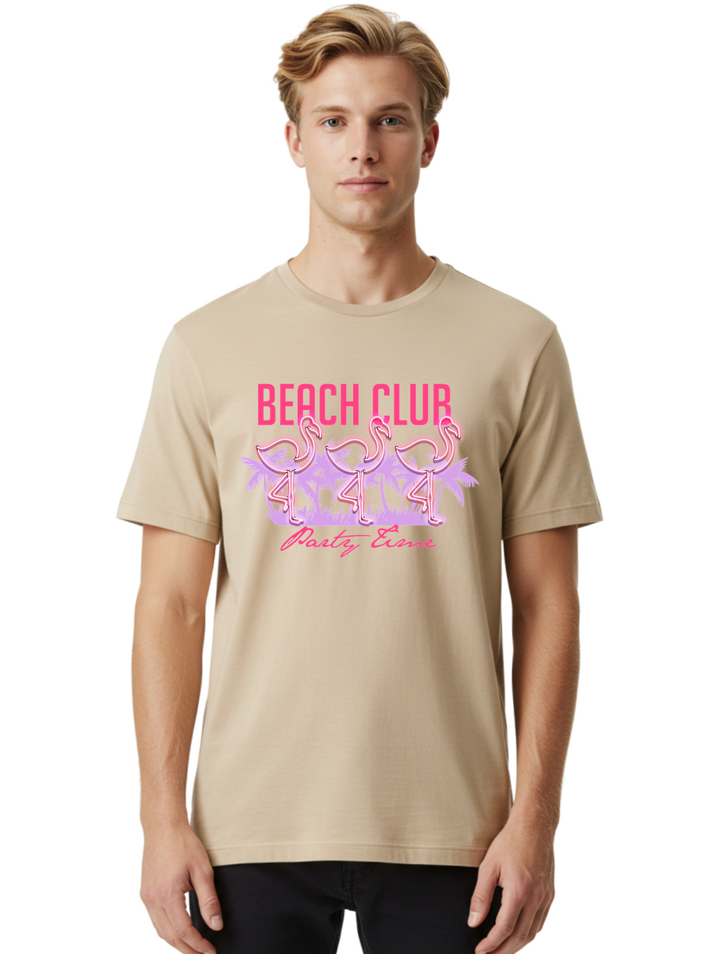 Beach Club Men'S Graphic Tee, 100% Cotton, Comfortable Casual Summer Wear, Machine Washable, Beach Club, Flamingo Design, Tropical Vibes, Neon Pink, Stylish Graphics, Luxury Lifestyle, Party Trends Aae132