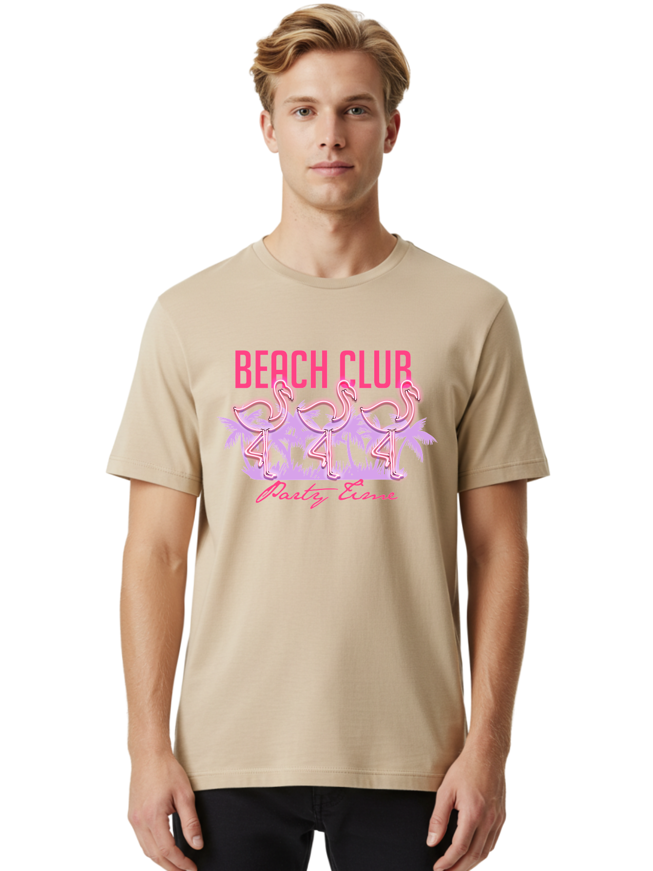 Beach Club Men'S Graphic Tee, 100% Cotton, Comfortable Casual Summer Wear, Machine Washable, Beach Club, Flamingo Design, Tropical Vibes, Neon Pink, Stylish Graphics, Luxury Lifestyle, Party Trends Aae132