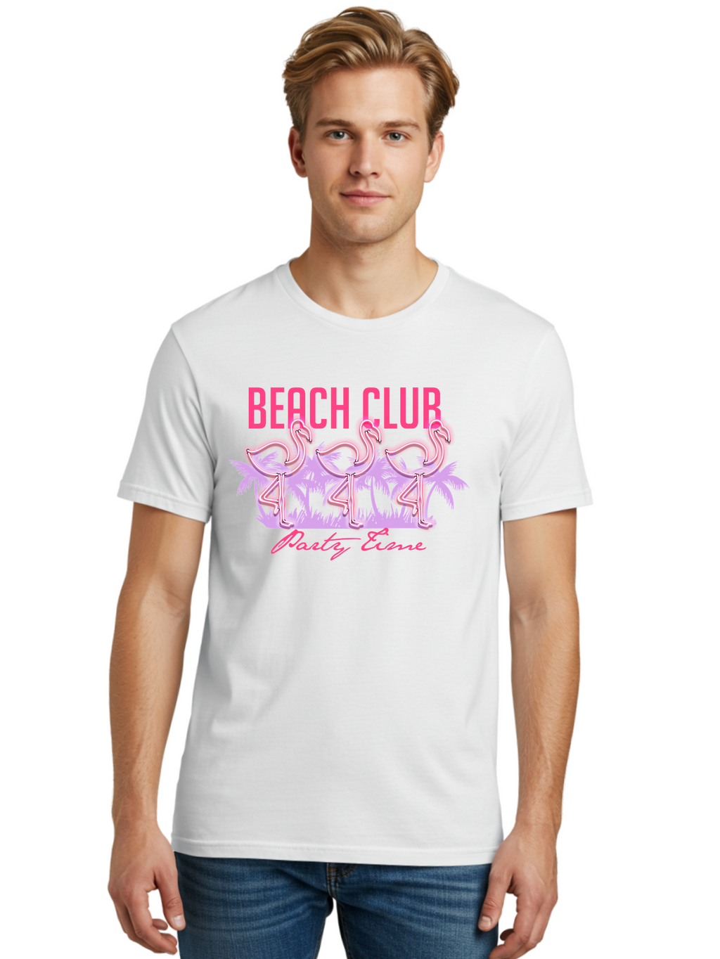 Beach Club Men'S Graphic Tee, 100% Cotton, Comfortable Casual Summer Wear, Machine Washable, Beach Club, Flamingo Design, Tropical Vibes, Neon Pink, Stylish Graphics, Luxury Lifestyle, Party Trends Aae132