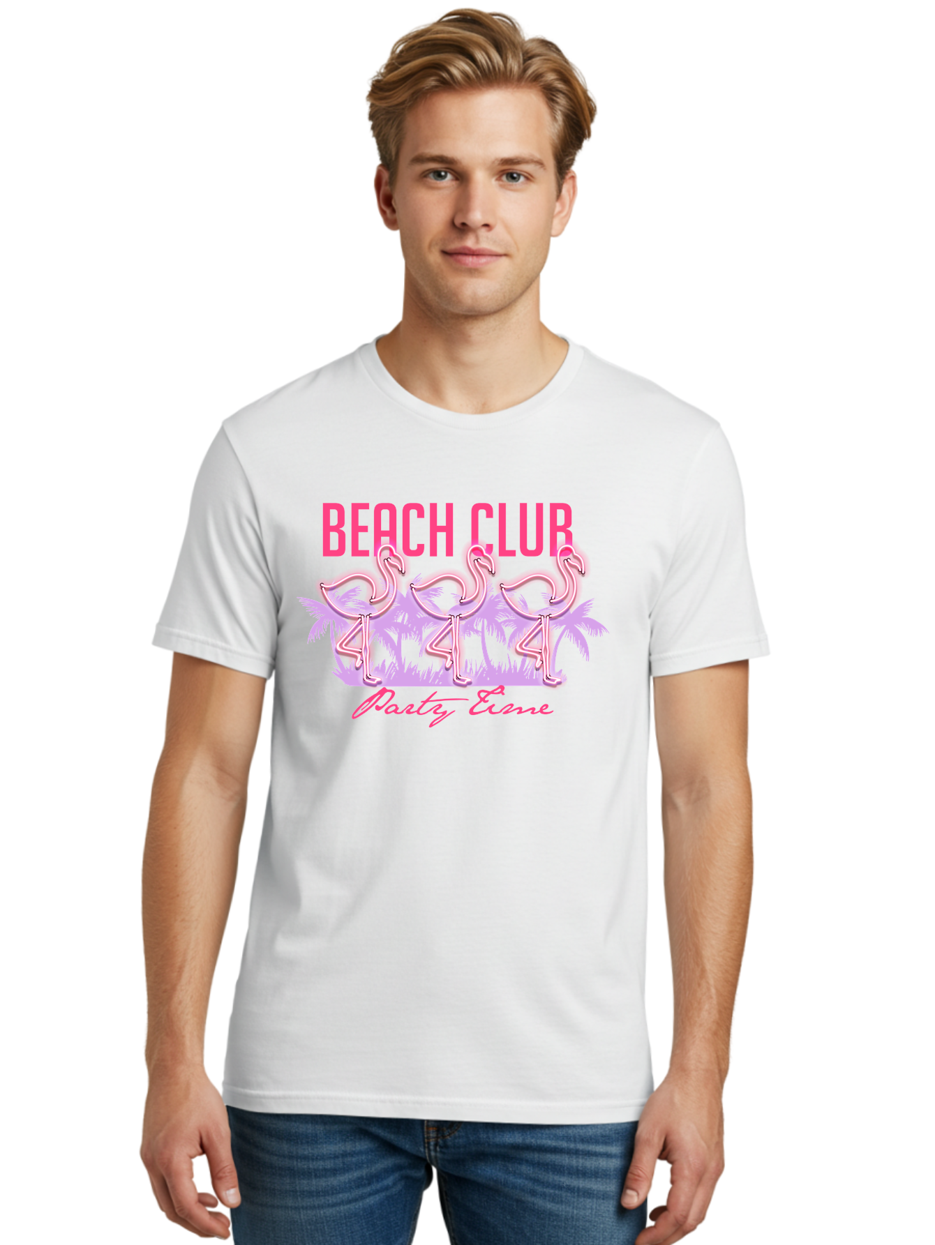 Beach Club Men'S Graphic Tee, 100% Cotton, Comfortable Casual Summer Wear, Machine Washable, Beach Club, Flamingo Design, Tropical Vibes, Neon Pink, Stylish Graphics, Luxury Lifestyle, Party Trends Aae132