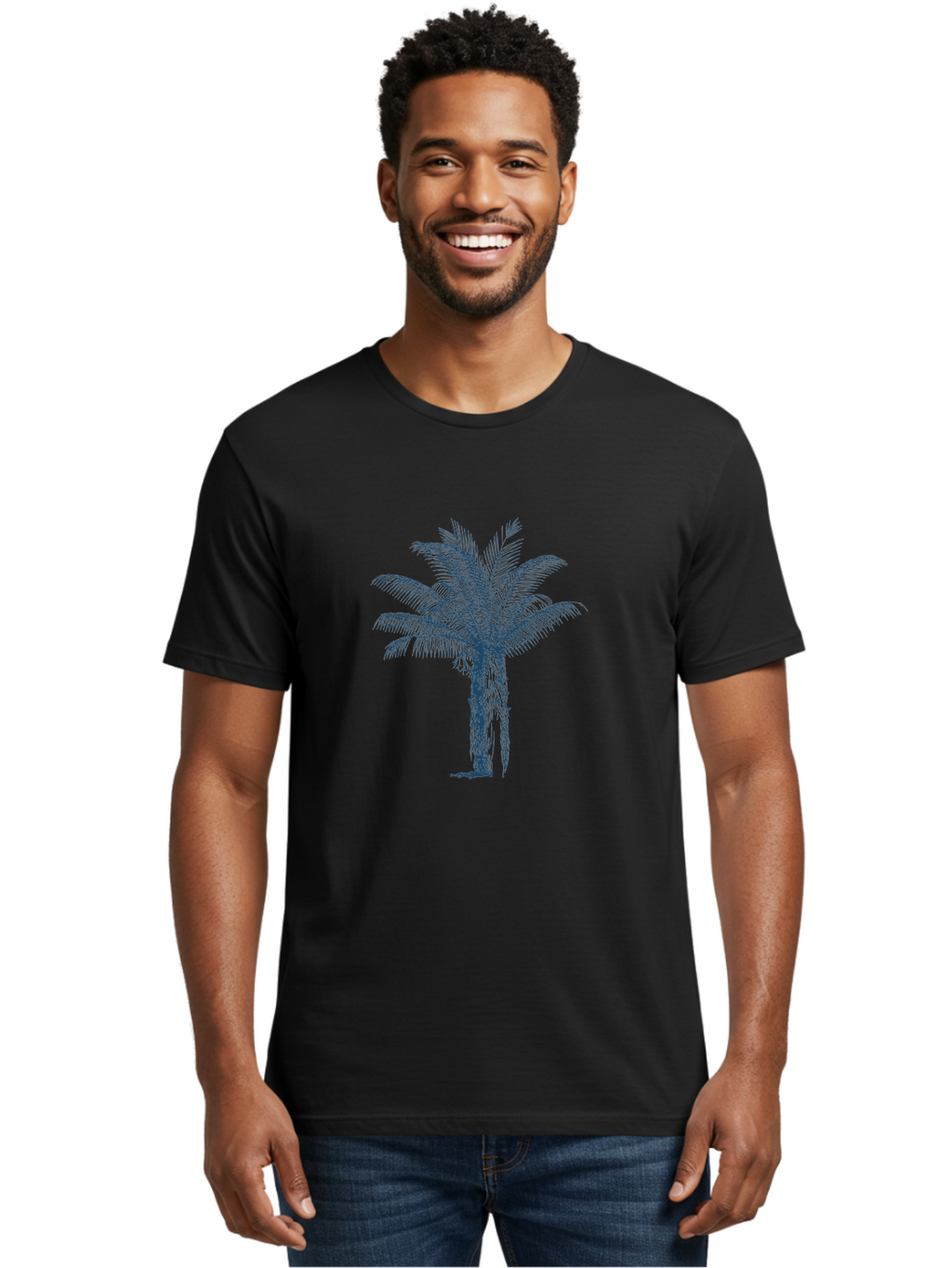 Beachside Palm Men'S Graphic Tee, 100% Cotton, Comfortable Casual Summer Wear, Machine Washable, Palm Tree Illustration, Tropical Tree, Exotic Foliage, Blue Illustration, Palm Fronds, Serene Landscape, Graphic Design Element, Stylized Palm Aae133