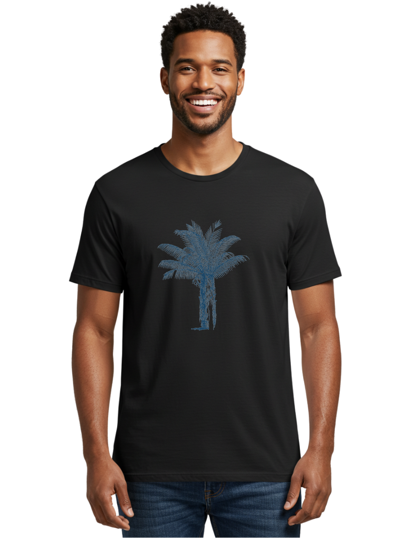 Beachside Palm Men'S Graphic Tee, 100% Cotton, Comfortable Casual Summer Wear, Machine Washable, Palm Tree Illustration, Tropical Tree, Exotic Foliage, Blue Illustration, Palm Fronds, Serene Landscape, Graphic Design Element, Stylized Palm Aae133