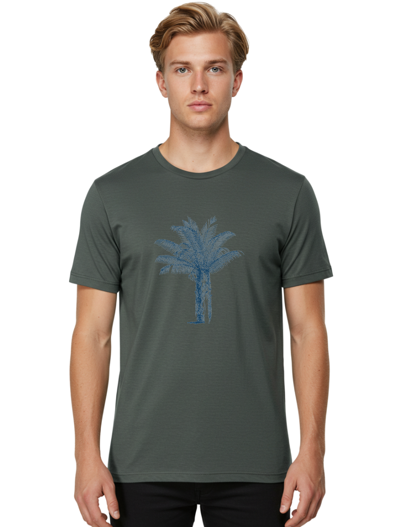 Beachside Palm Men'S Graphic Tee, 100% Cotton, Comfortable Casual Summer Wear, Machine Washable, Palm Tree Illustration, Tropical Tree, Exotic Foliage, Blue Illustration, Palm Fronds, Serene Landscape, Graphic Design Element, Stylized Palm Aae133