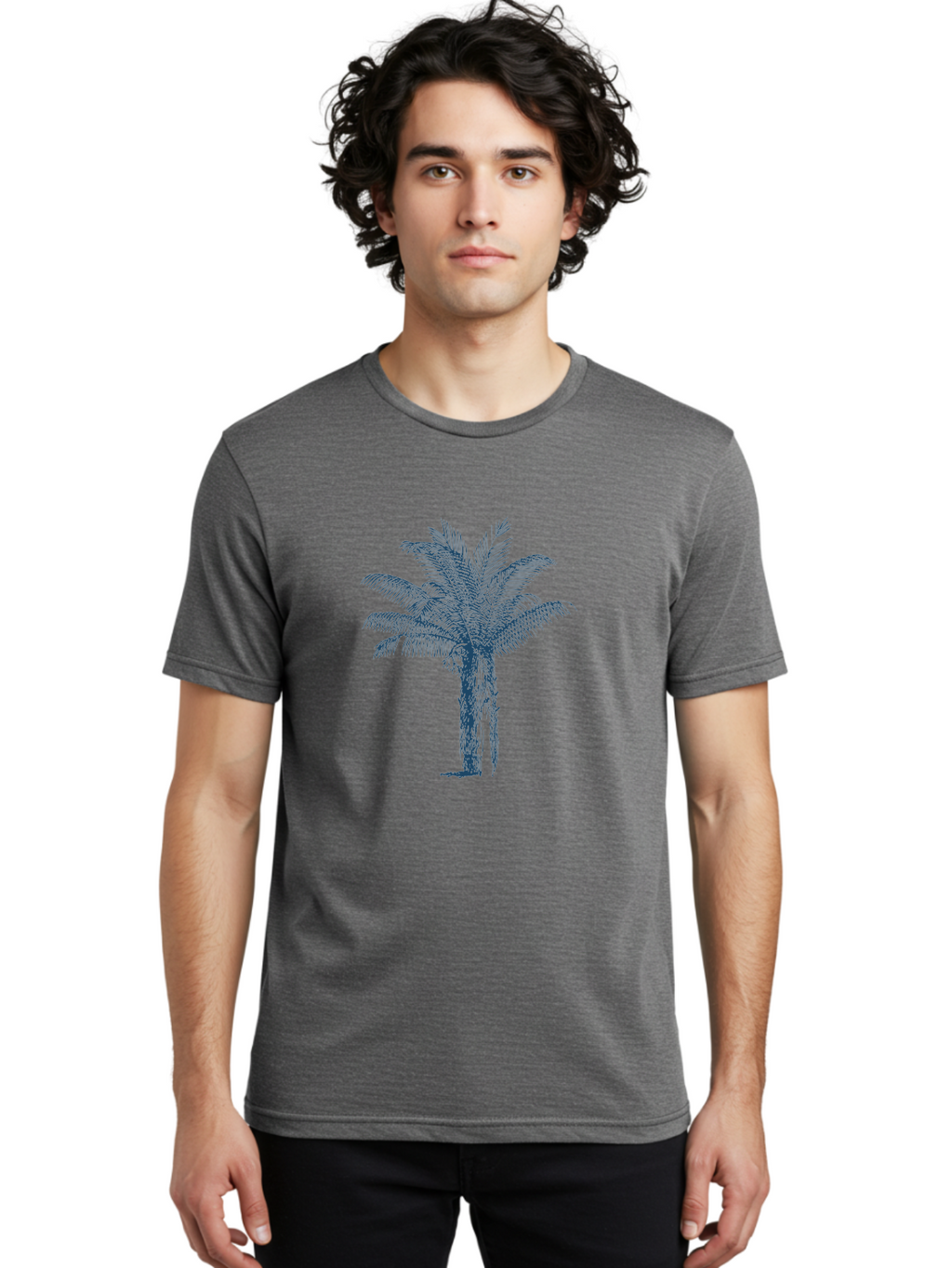 Beachside Palm Men'S Graphic Tee, 100% Cotton, Comfortable Casual Summer Wear, Machine Washable, Palm Tree Illustration, Tropical Tree, Exotic Foliage, Blue Illustration, Palm Fronds, Serene Landscape, Graphic Design Element, Stylized Palm Aae133