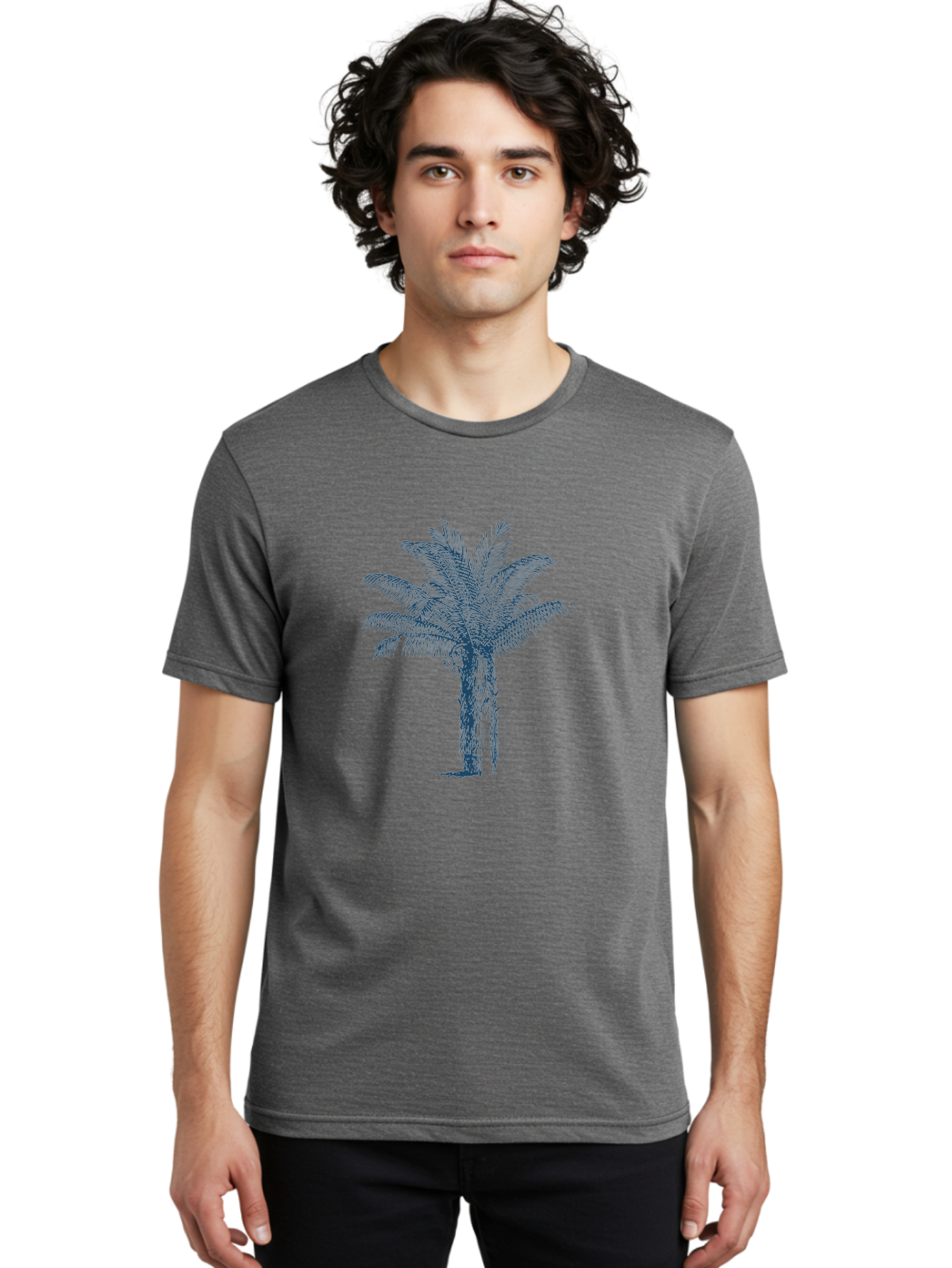 Beachside Palm Men'S Graphic Tee, 100% Cotton, Comfortable Casual Summer Wear, Machine Washable, Palm Tree Illustration, Tropical Tree, Exotic Foliage, Blue Illustration, Palm Fronds, Serene Landscape, Graphic Design Element, Stylized Palm Aae133