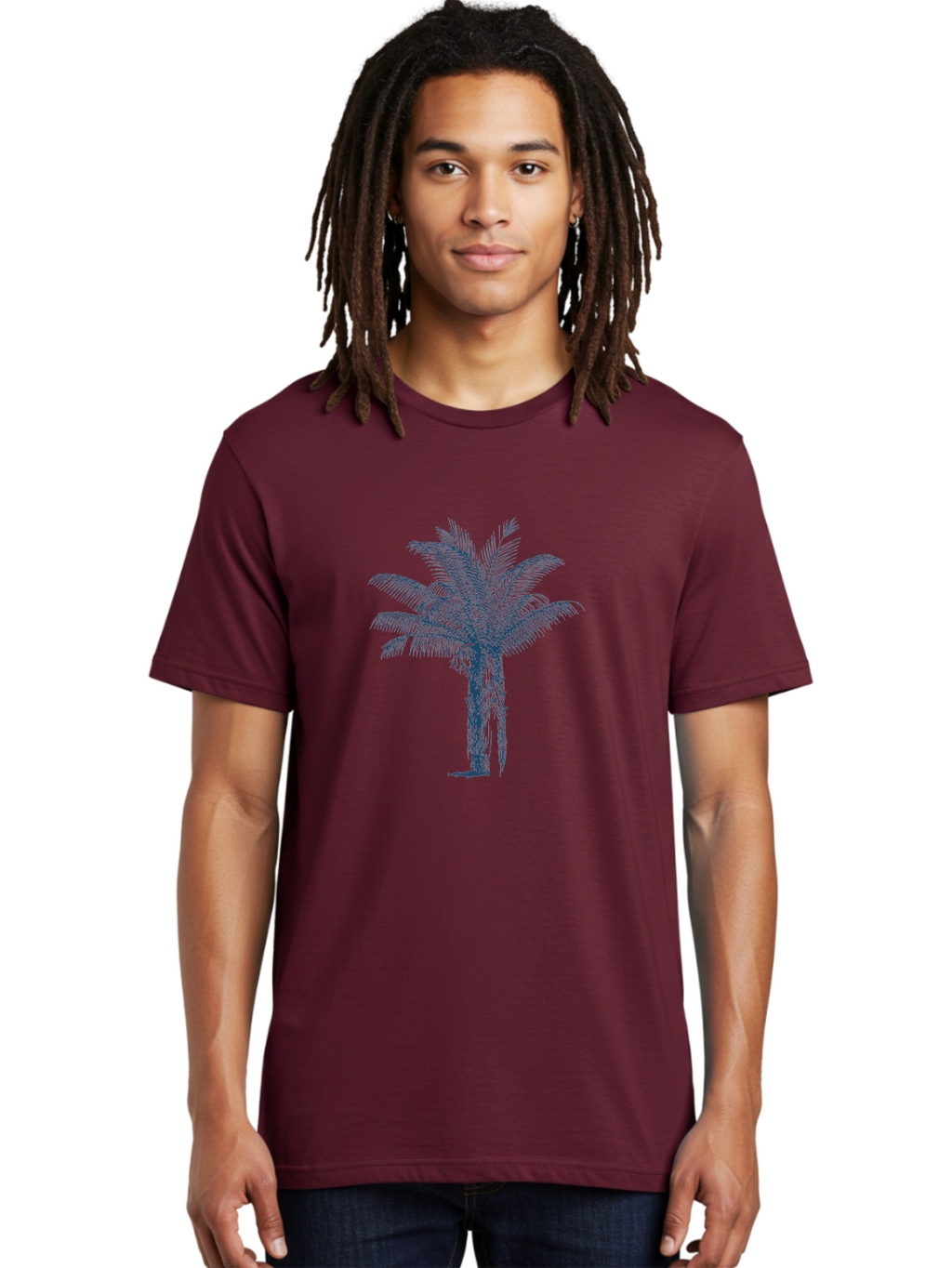 Beachside Palm Men'S Graphic Tee, 100% Cotton, Comfortable Casual Summer Wear, Machine Washable, Palm Tree Illustration, Tropical Tree, Exotic Foliage, Blue Illustration, Palm Fronds, Serene Landscape, Graphic Design Element, Stylized Palm Aae133