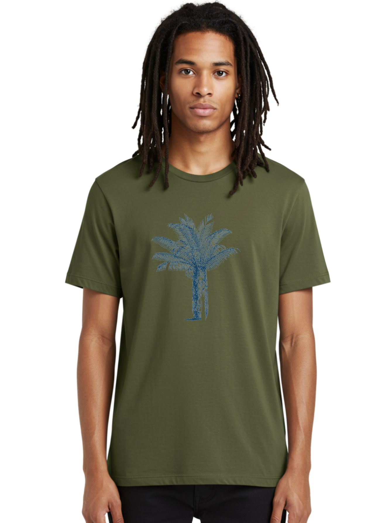 Beachside Palm Men'S Graphic Tee, 100% Cotton, Comfortable Casual Summer Wear, Machine Washable, Palm Tree Illustration, Tropical Tree, Exotic Foliage, Blue Illustration, Palm Fronds, Serene Landscape, Graphic Design Element, Stylized Palm Aae133