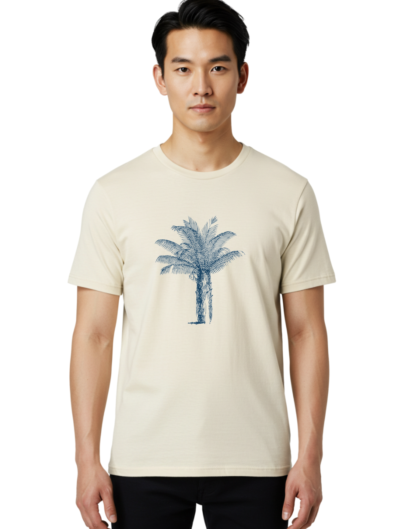 Beachside Palm Men'S Graphic Tee, 100% Cotton, Comfortable Casual Summer Wear, Machine Washable, Palm Tree Illustration, Tropical Tree, Exotic Foliage, Blue Illustration, Palm Fronds, Serene Landscape, Graphic Design Element, Stylized Palm Aae133