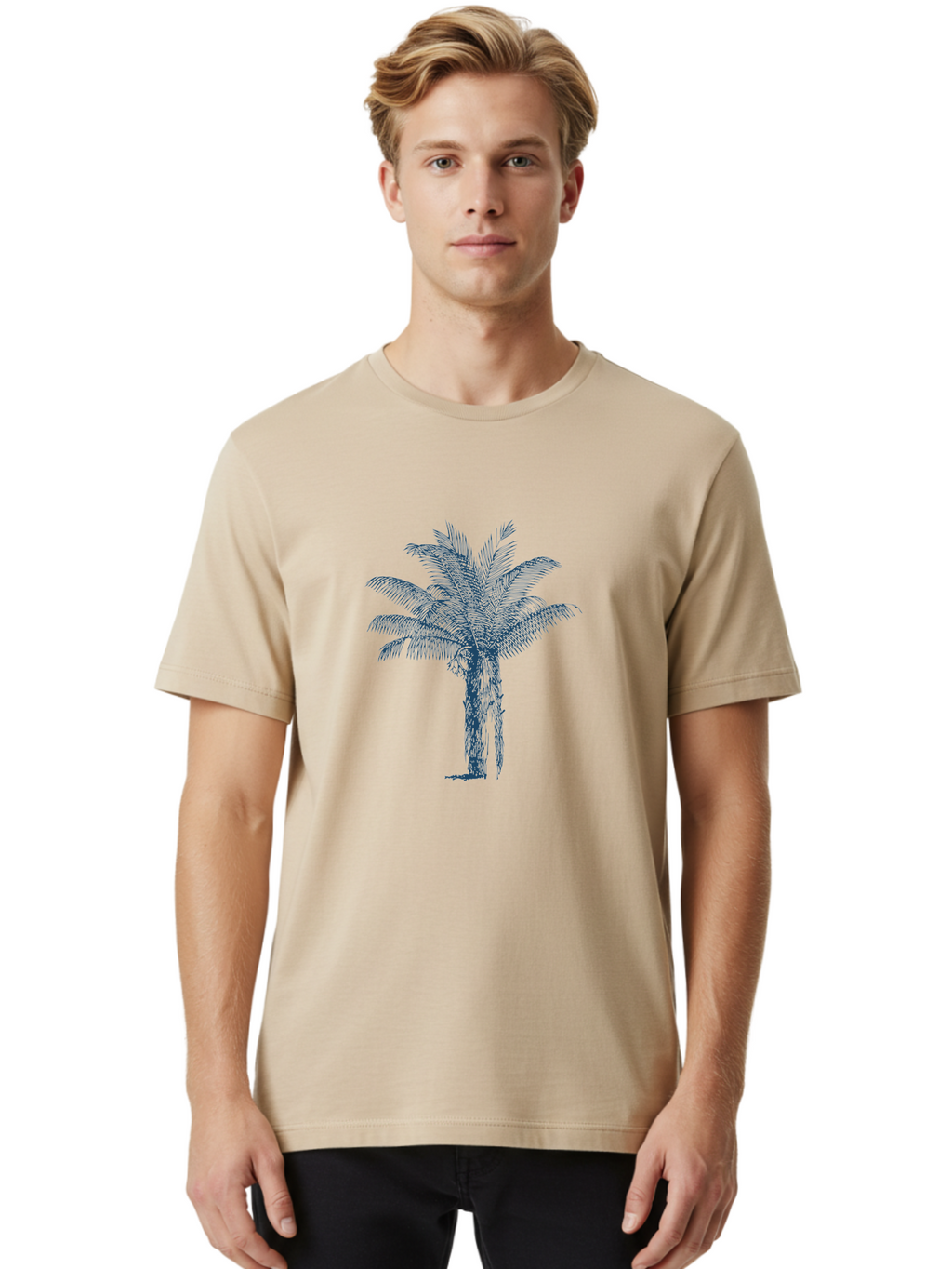 Beachside Palm Men'S Graphic Tee, 100% Cotton, Comfortable Casual Summer Wear, Machine Washable, Palm Tree Illustration, Tropical Tree, Exotic Foliage, Blue Illustration, Palm Fronds, Serene Landscape, Graphic Design Element, Stylized Palm Aae133