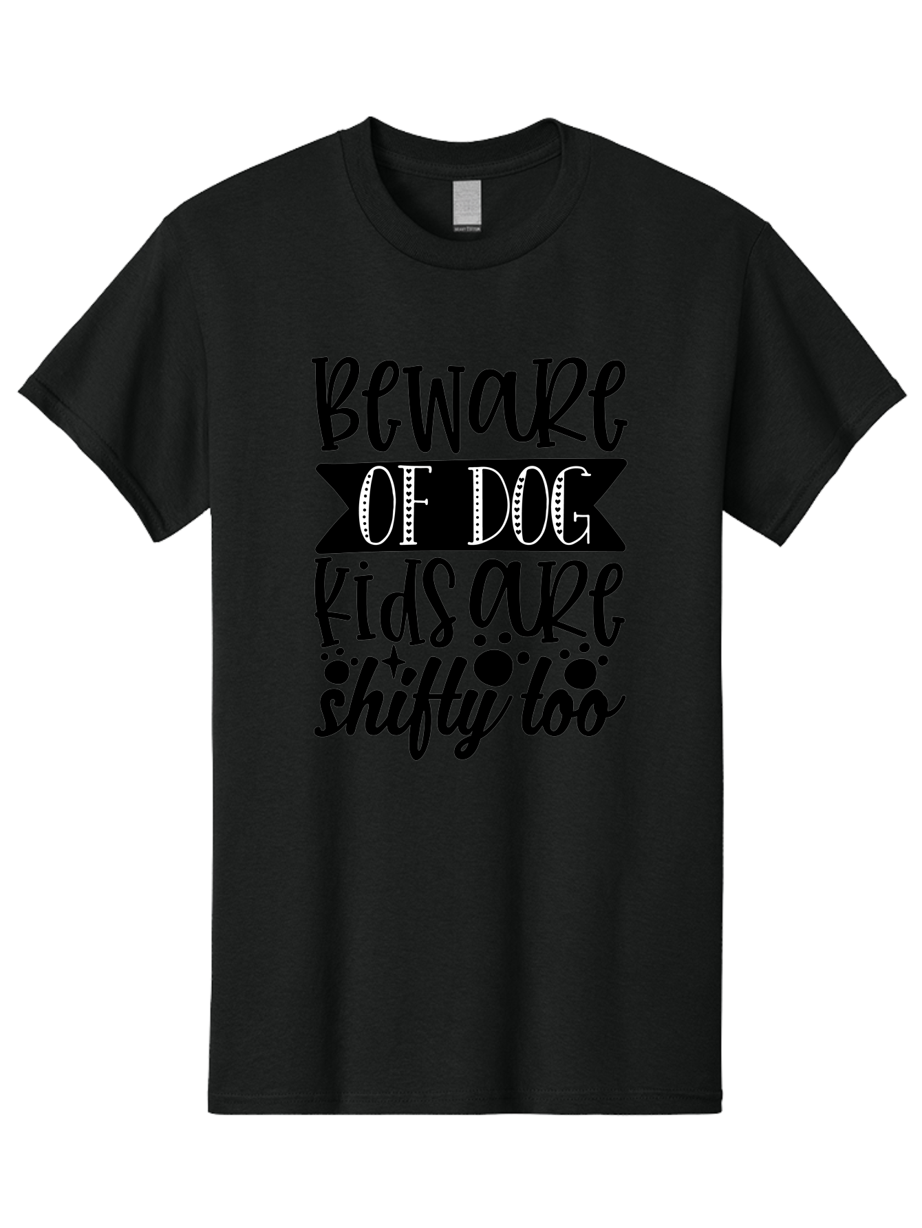 Beware Of Dog Kids Are Shifty Too Men'S Graphic Tee, 100% Cotton, Comfortable Casual Summer Wear, Machine Washable, Funny Warning Sign, Humorous Quote, Paw Print Design, Quirky Phrase, Dog Owners, Playful Message, Sarcastic Humor, Aae137