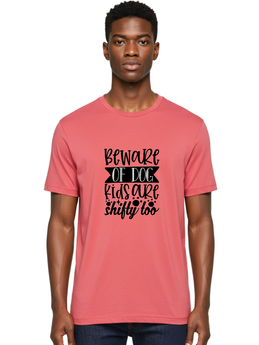 Beware Of Dog Kids Are Shifty Too Men'S Graphic Tee, 100% Cotton, Comfortable Casual Summer Wear, Machine Washable, Funny Warning Sign, Humorous Quote, Paw Print Design, Quirky Phrase, Dog Owners, Playful Message, Sarcastic Humor, Aae137