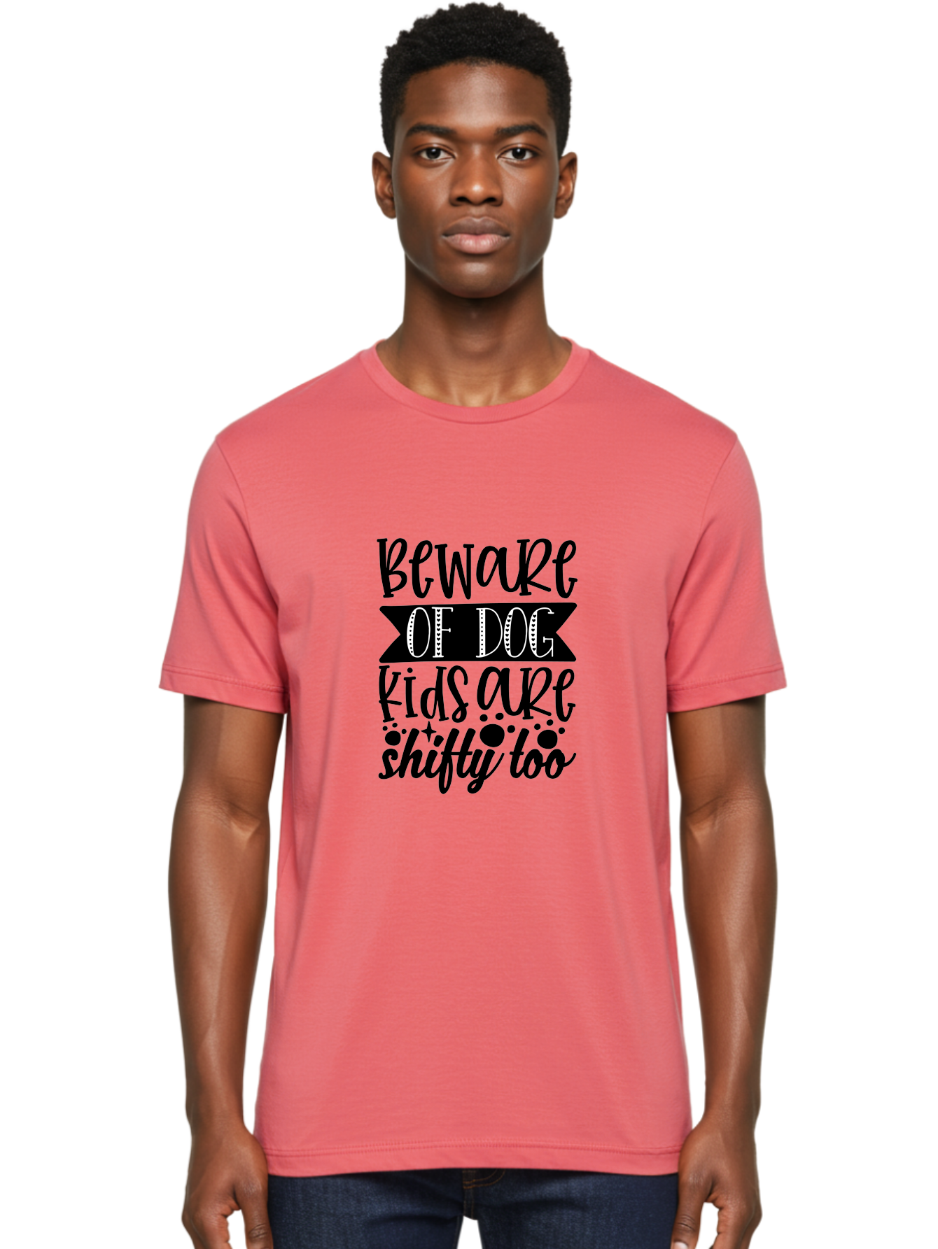Beware Of Dog Kids Are Shifty Too Men'S Graphic Tee, 100% Cotton, Comfortable Casual Summer Wear, Machine Washable, Funny Warning Sign, Humorous Quote, Paw Print Design, Quirky Phrase, Dog Owners, Playful Message, Sarcastic Humor, Aae137
