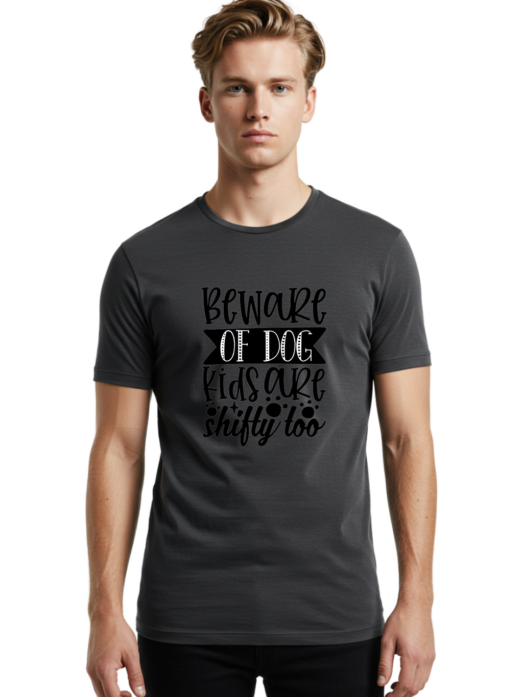 Beware Of Dog Kids Are Shifty Too Men'S Graphic Tee, 100% Cotton, Comfortable Casual Summer Wear, Machine Washable, Funny Warning Sign, Humorous Quote, Paw Print Design, Quirky Phrase, Dog Owners, Playful Message, Sarcastic Humor, Aae137