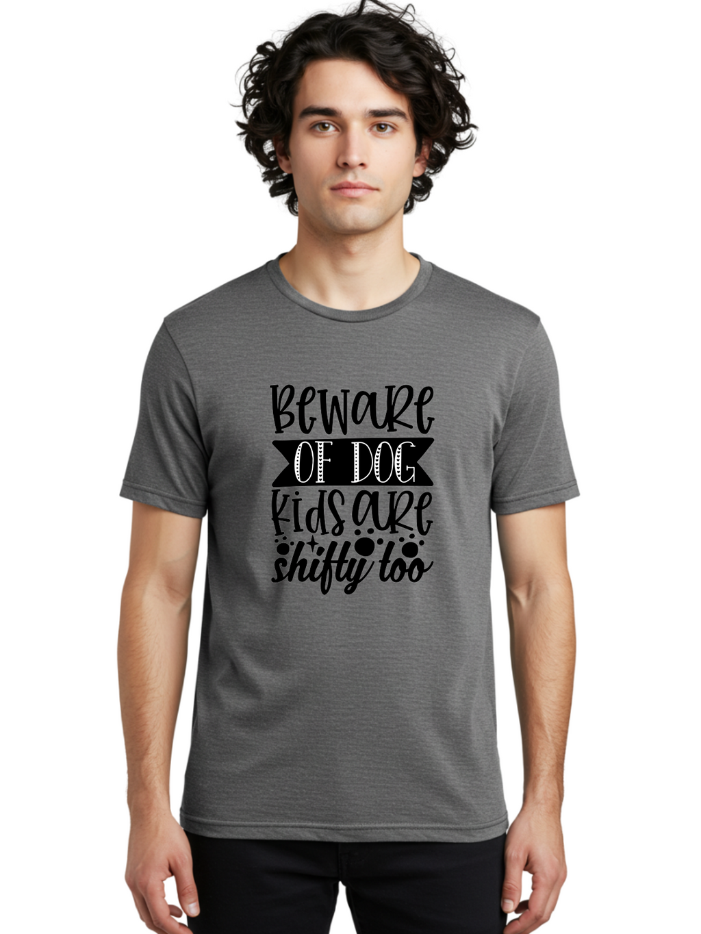 Beware Of Dog Kids Are Shifty Too Men'S Graphic Tee, 100% Cotton, Comfortable Casual Summer Wear, Machine Washable, Funny Warning Sign, Humorous Quote, Paw Print Design, Quirky Phrase, Dog Owners, Playful Message, Sarcastic Humor, Aae137