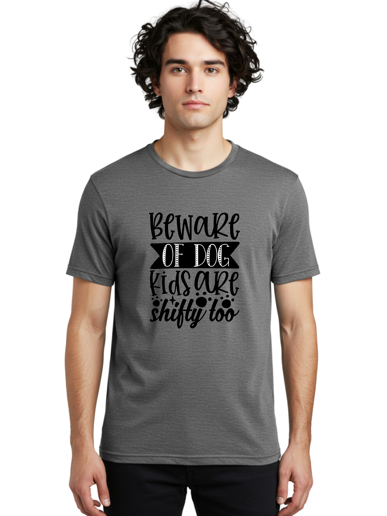 Beware Of Dog Kids Are Shifty Too Men'S Graphic Tee, 100% Cotton, Comfortable Casual Summer Wear, Machine Washable, Funny Warning Sign, Humorous Quote, Paw Print Design, Quirky Phrase, Dog Owners, Playful Message, Sarcastic Humor, Aae137