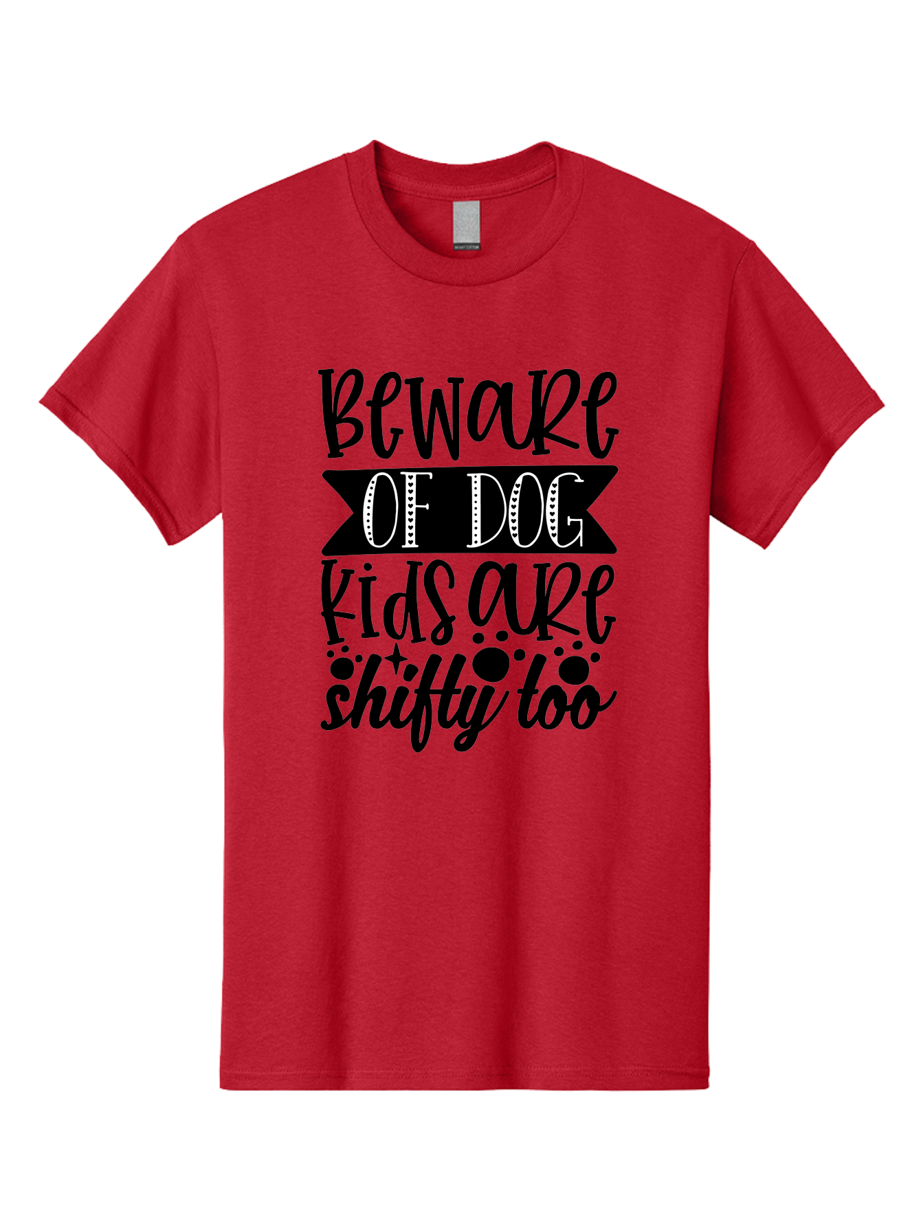 Beware Of Dog Kids Are Shifty Too Men'S Graphic Tee, 100% Cotton, Comfortable Casual Summer Wear, Machine Washable, Funny Warning Sign, Humorous Quote, Paw Print Design, Quirky Phrase, Dog Owners, Playful Message, Sarcastic Humor, Aae137