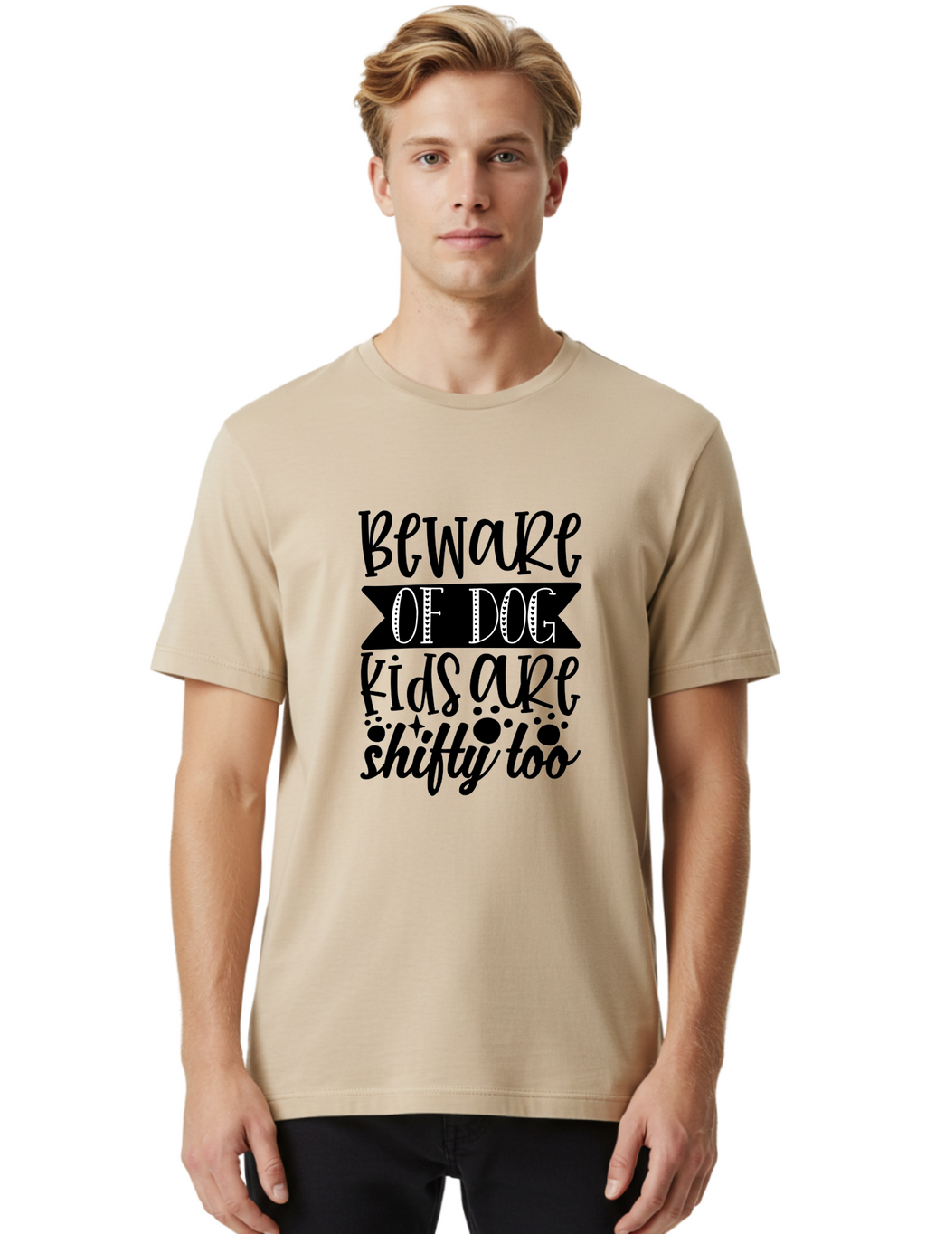 Beware Of Dog Kids Are Shifty Too Men'S Graphic Tee, 100% Cotton, Comfortable Casual Summer Wear, Machine Washable, Funny Warning Sign, Humorous Quote, Paw Print Design, Quirky Phrase, Dog Owners, Playful Message, Sarcastic Humor, Aae137